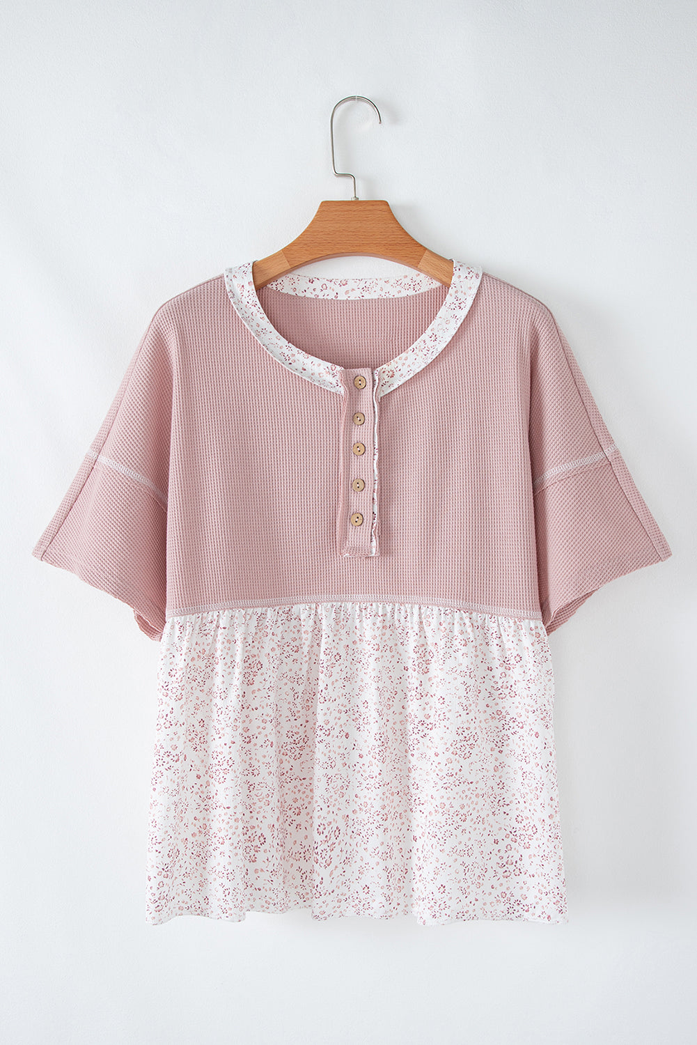 Waffle Floral Patchwork Short Sleeve Top