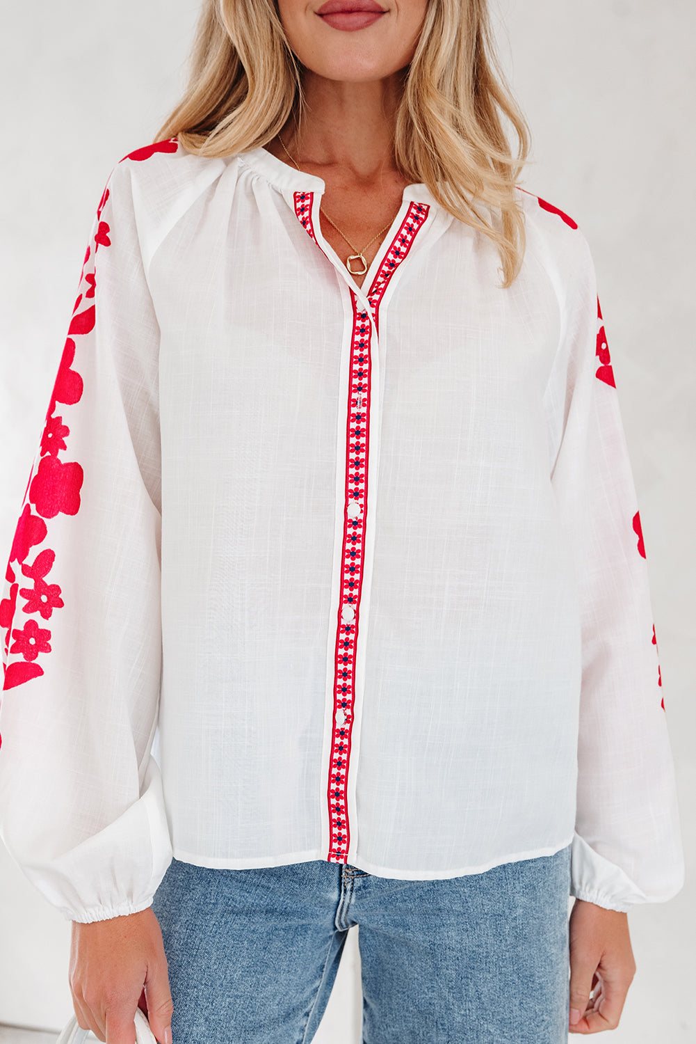 Floral Long-Sleeved Embroidered Puff Everyday Shirt