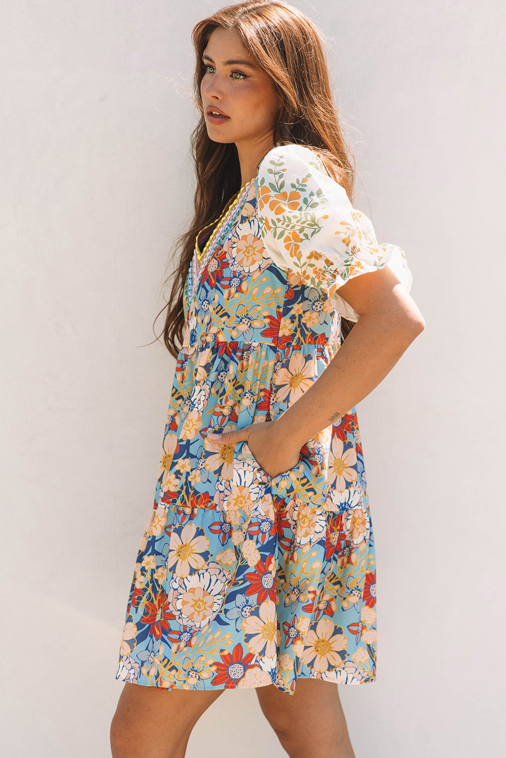 Boho Floral Print Crochet Patchwork V Neck Loose Mini Dress
