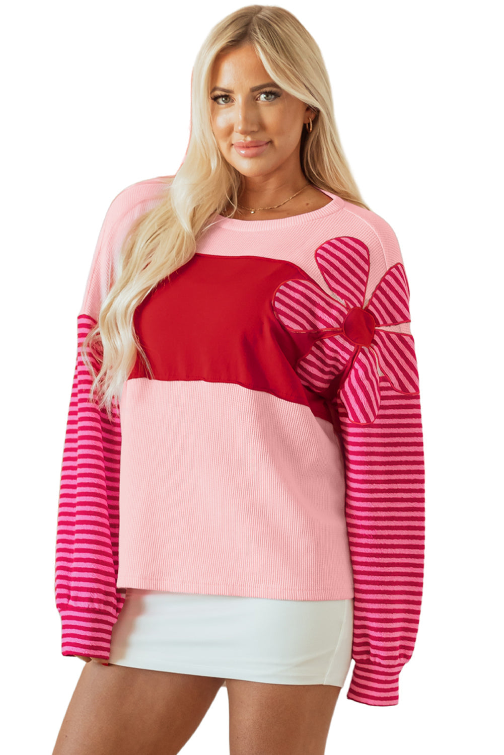 Floral Patch Color Block Striped Sleeve Textured Top