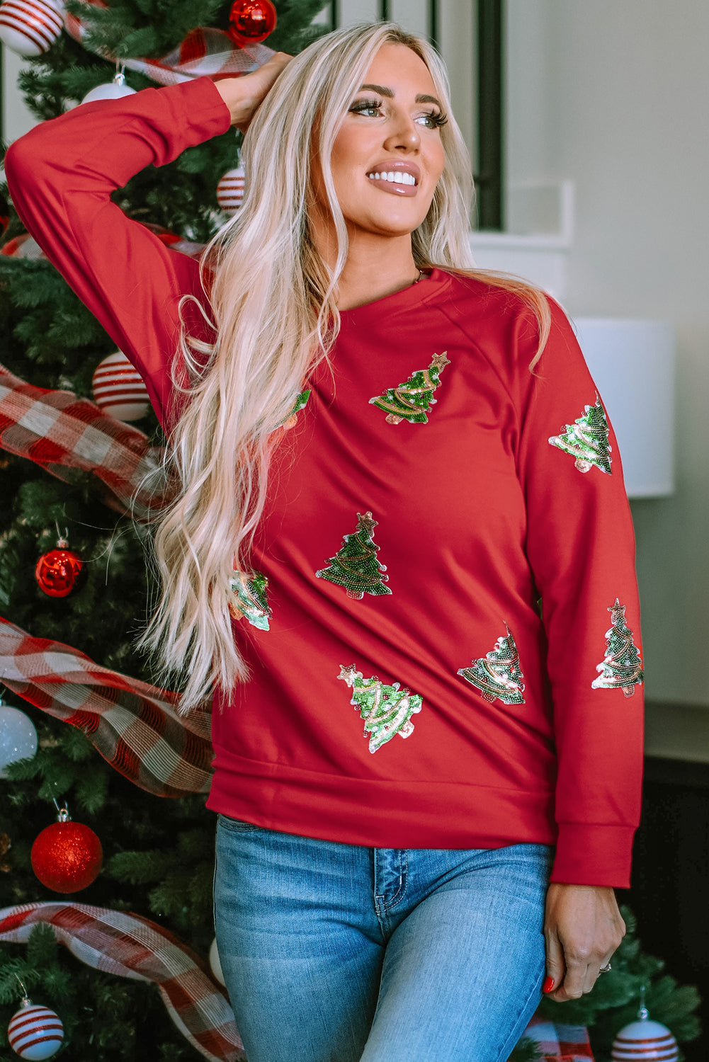Women's Christmas Tree Raglan-Sleeve Sweatshirt