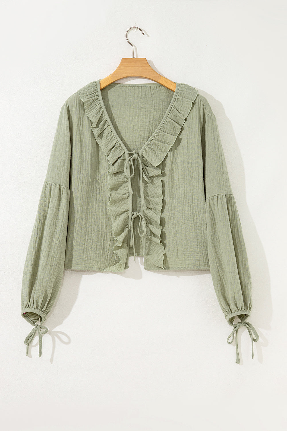 Bow Ruffle Tie Front Trim V-Neck Long-Sleeved Gauze Blouse