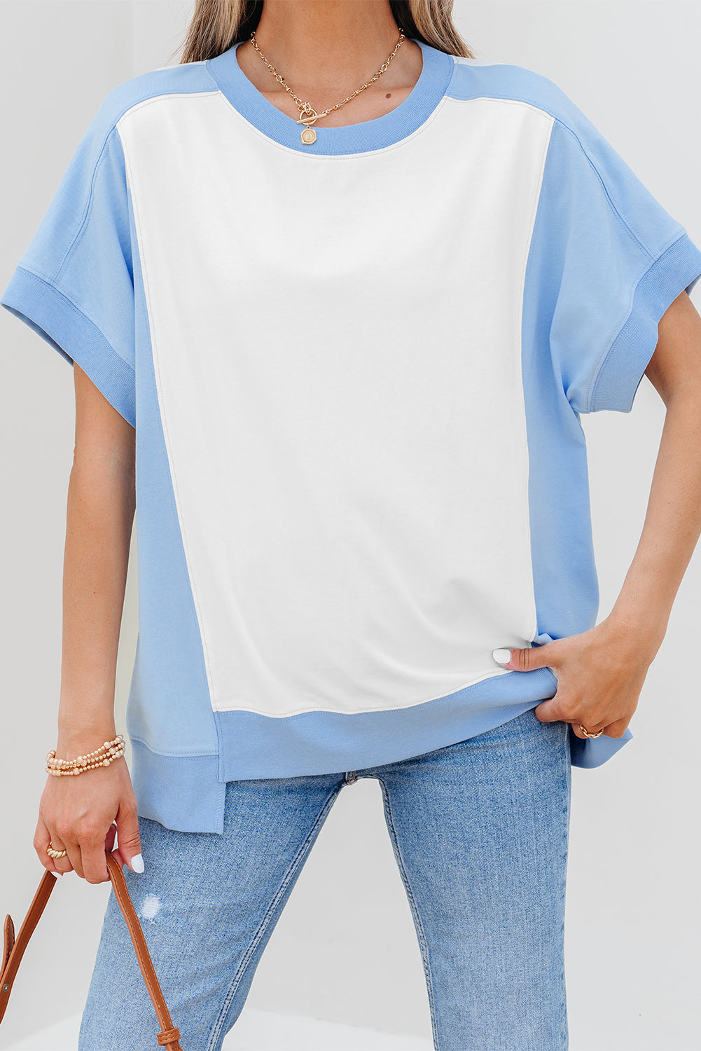 Color Block Exposed Seam Crew Neck T Shirt