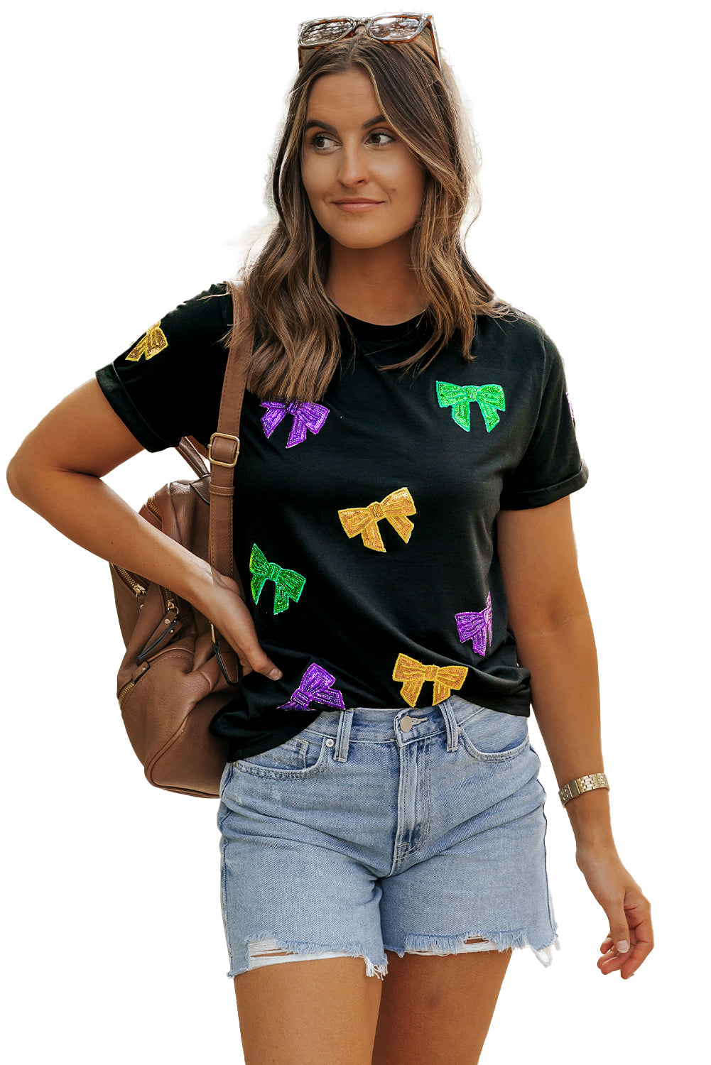 Women's T Shirt with Mardi Gras Sequin Bow Knot-Detail Crew Neck