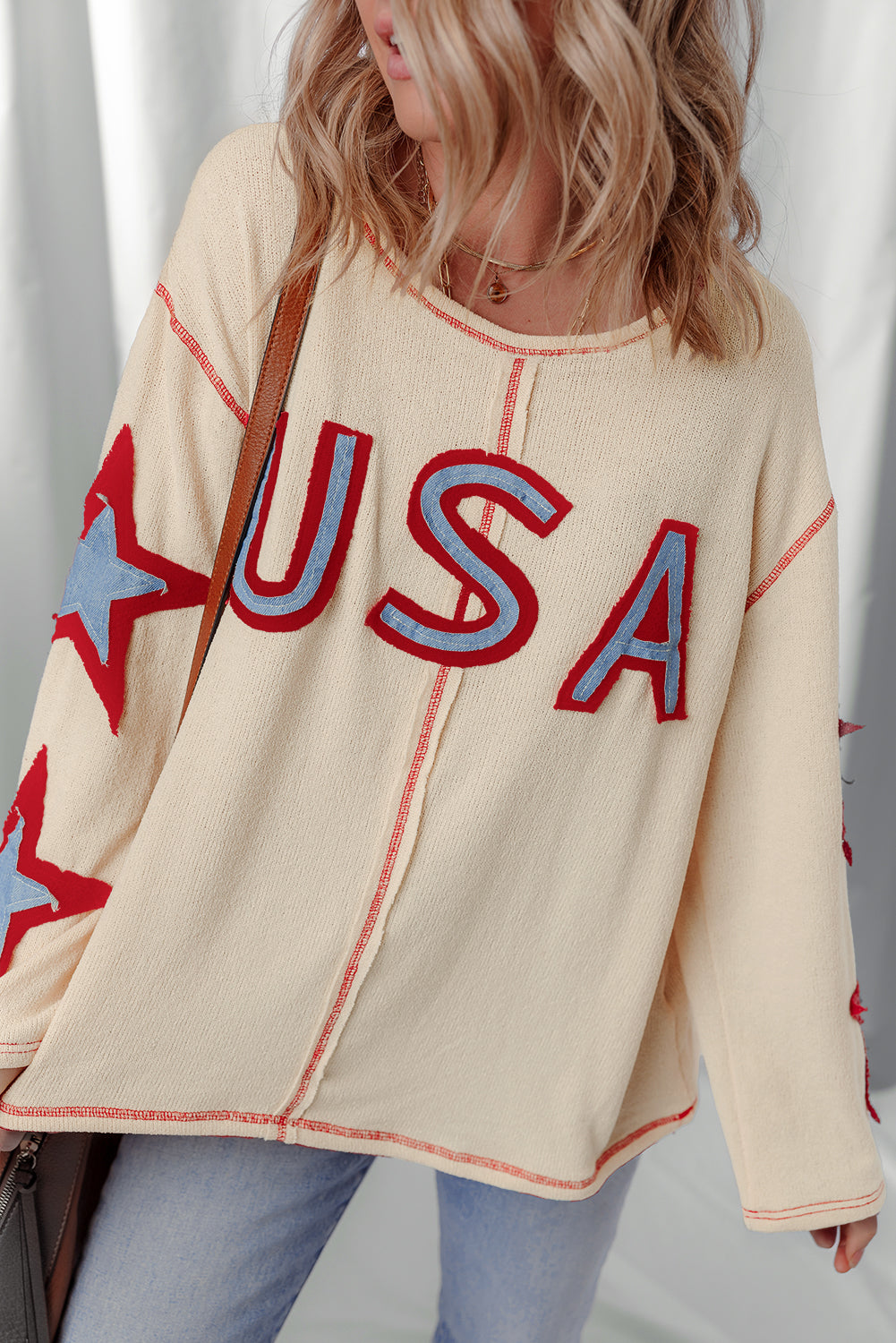 Contrast USA Star Patchwork Long-Sleeved Top in Beige