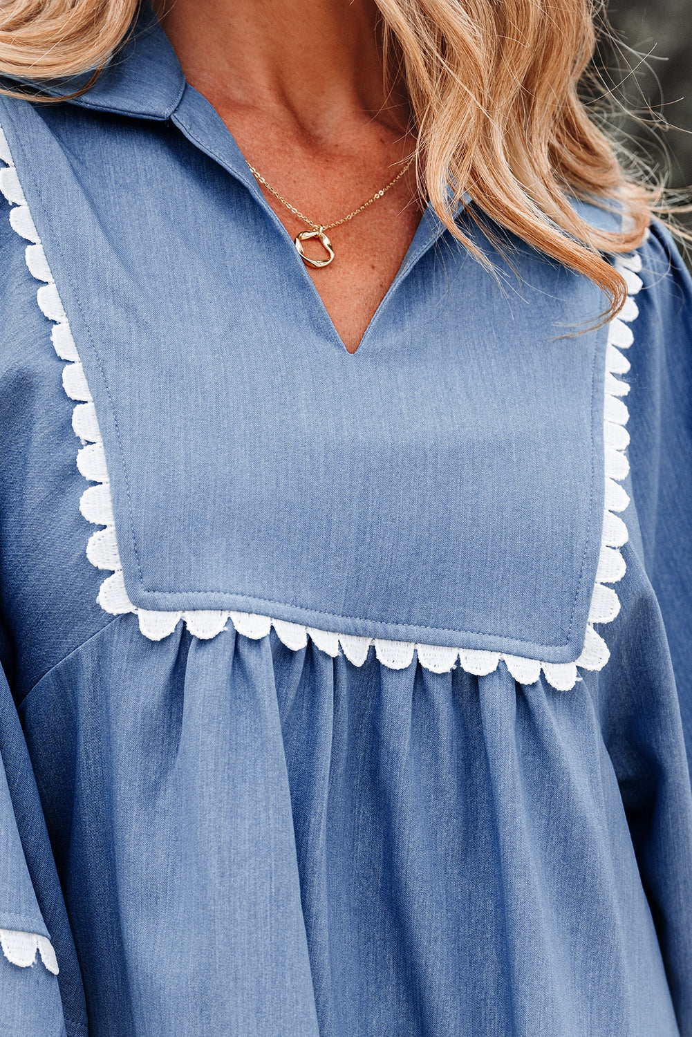 Ric Rac Lace Rac 3/4 Puff Sleeve Collared Babydoll Blouse