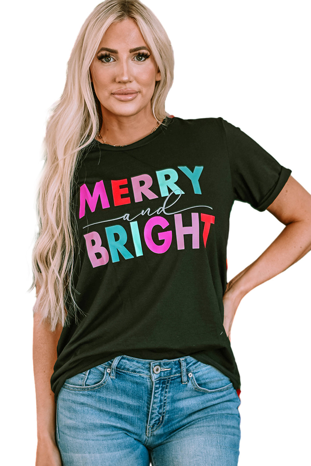 Women's MERRY and BRIGHT Crew Neck Graphic-Print Tee