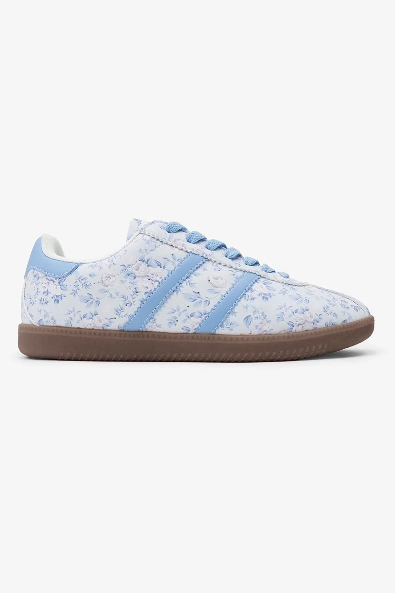 Lace-up PU Floral-Print PU Leather Flat Shoes in Light Blue