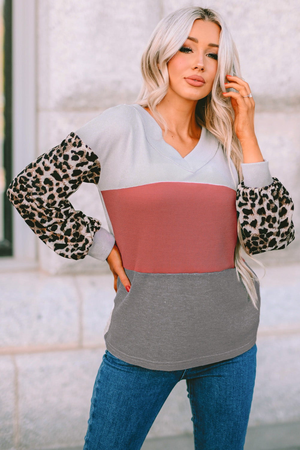 Women's Waffle Contrast Sleeve Knit Top
