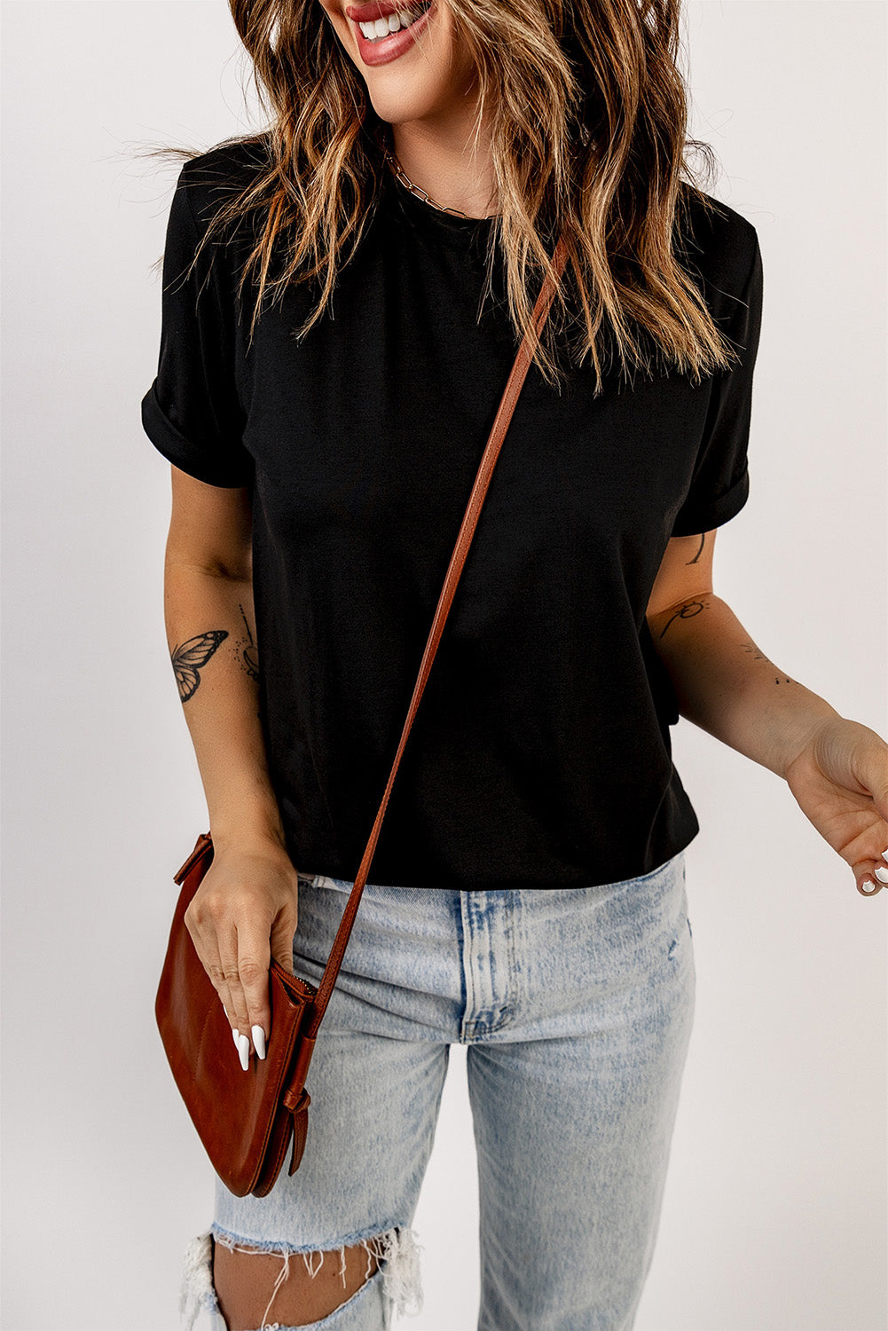 Women's Tee with Crew Neck Solid Color