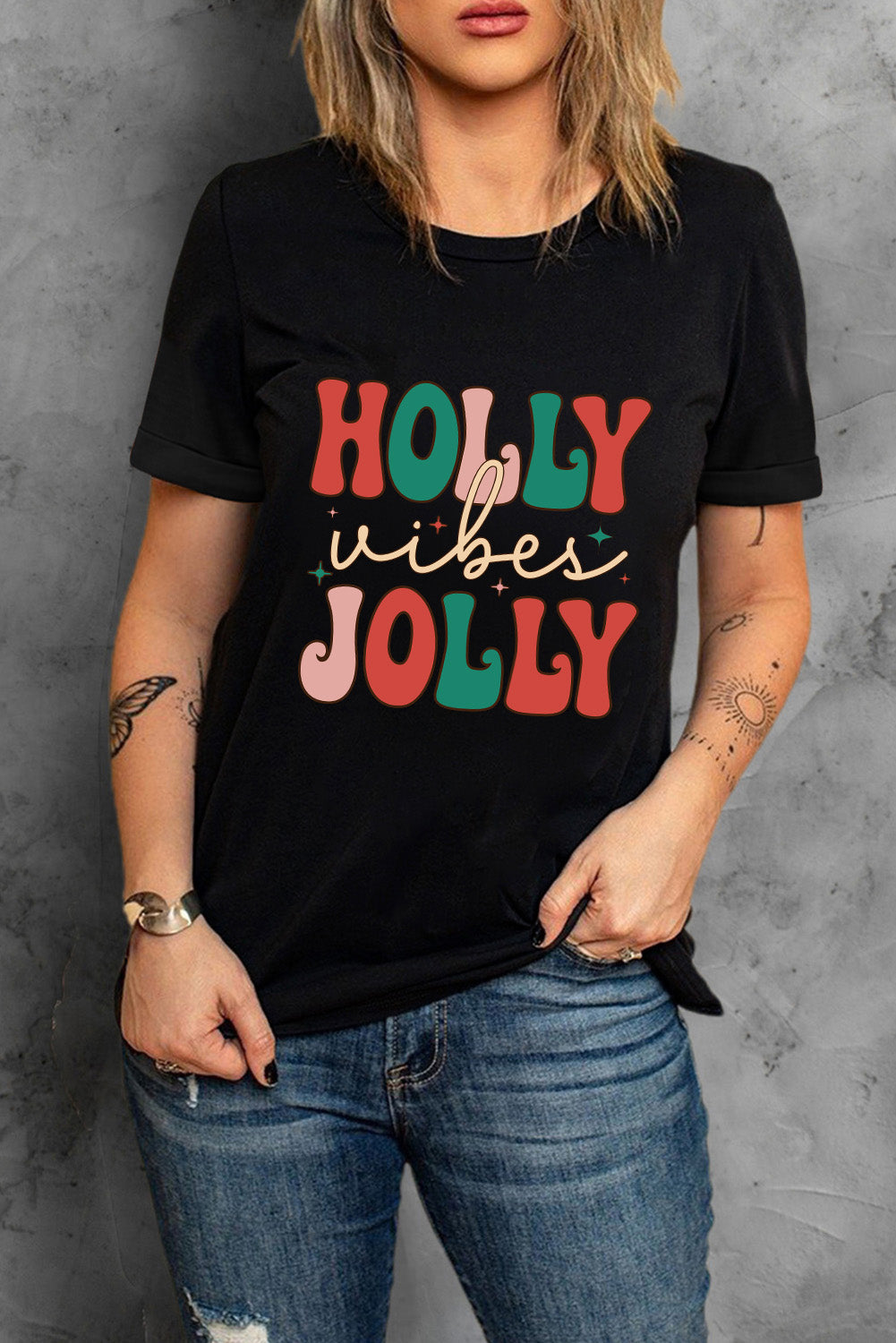 T Shirt for Women Crew Neck HOLLY JOLLY Vibes Christmas