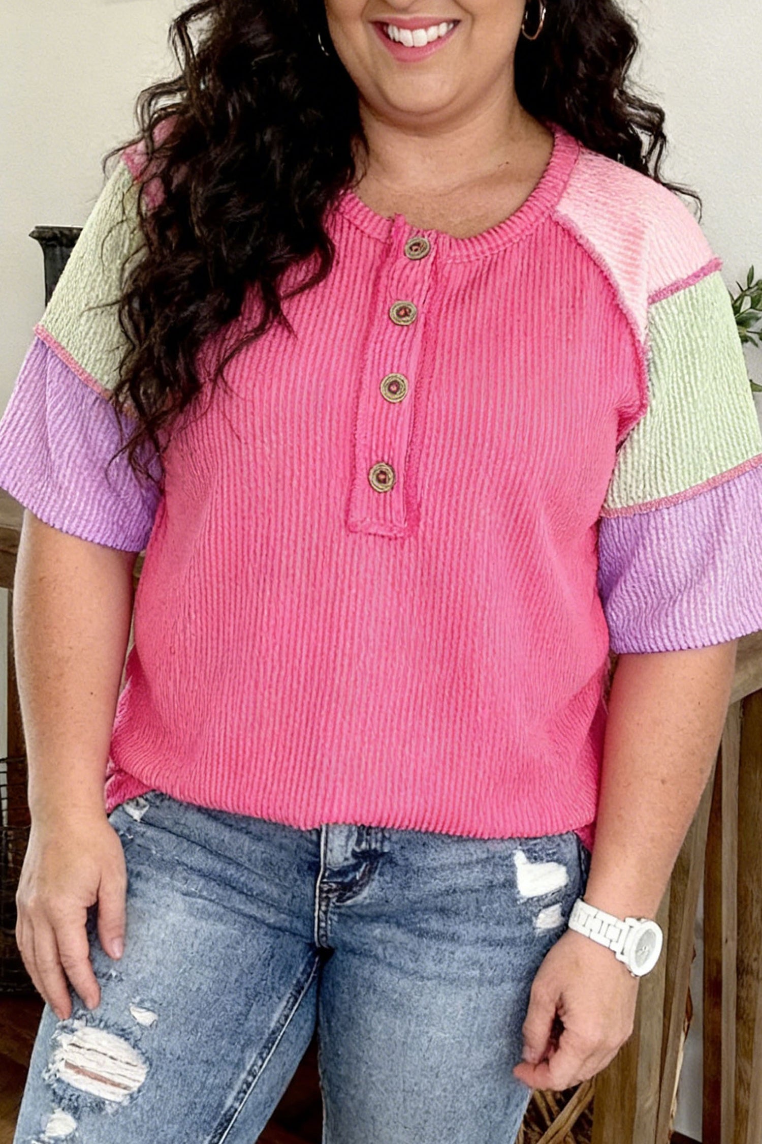 Bright Size Pink Plus Twisted Rib Colorblock Short-Sleeved Henley Top