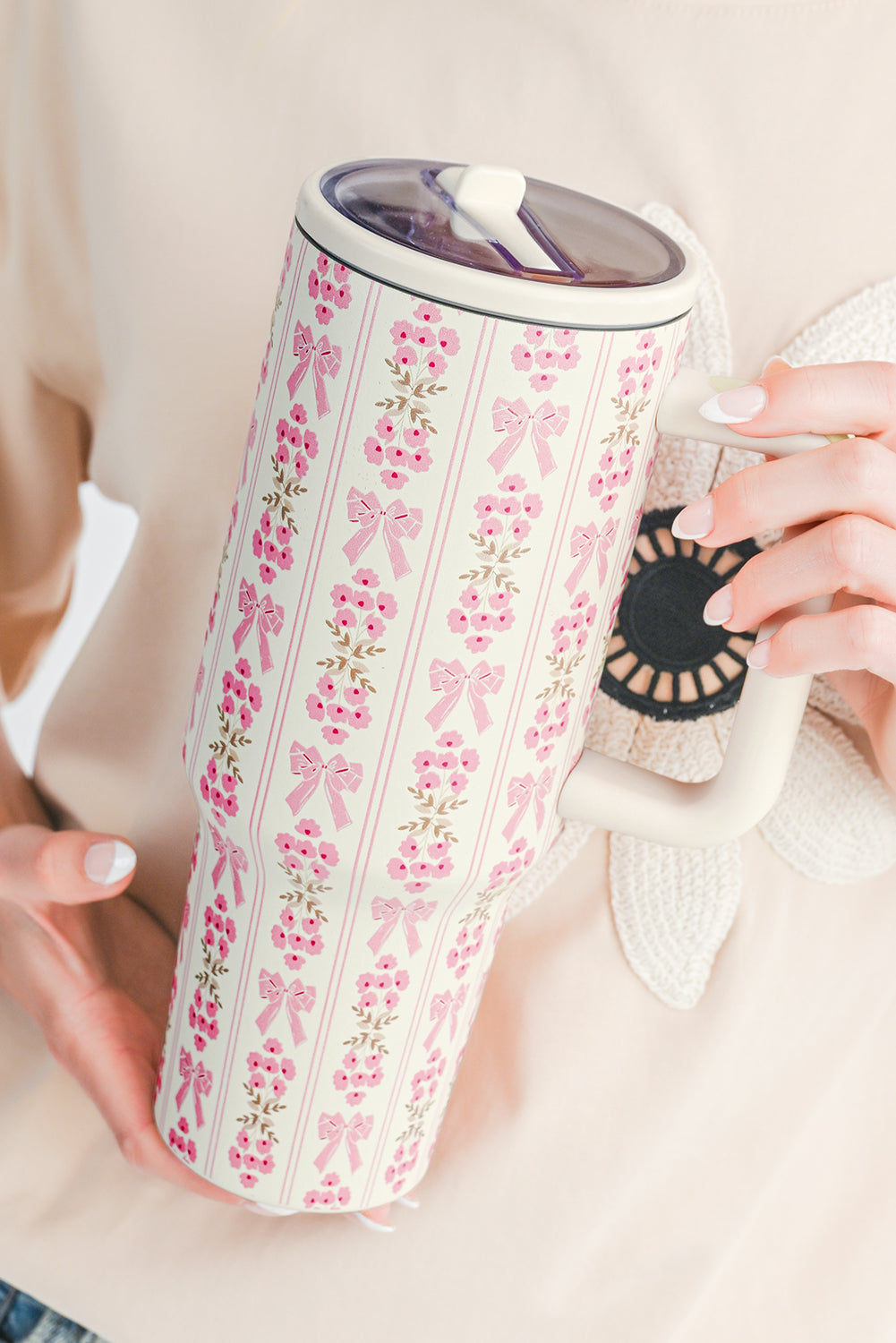Sweet Print Bow Flower Straw Insert Tumbler Cup 40oz