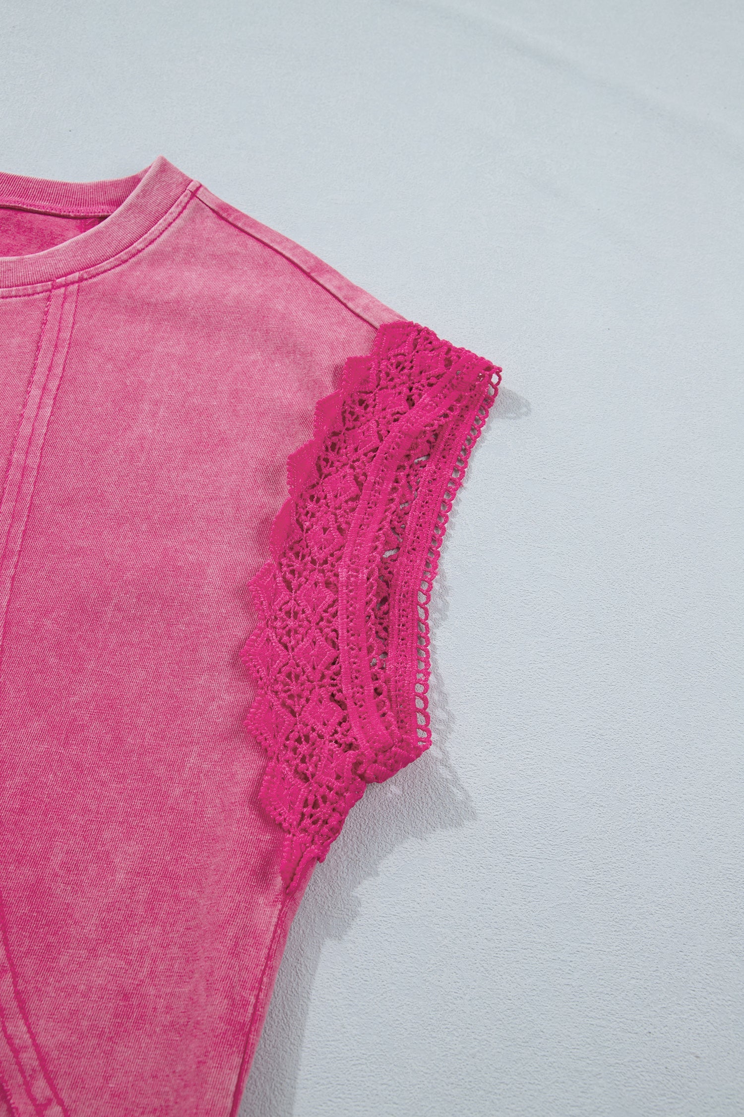 Raw Mineral Wash Seam Detail Lace Trim Cap Sleeve Top in Pink