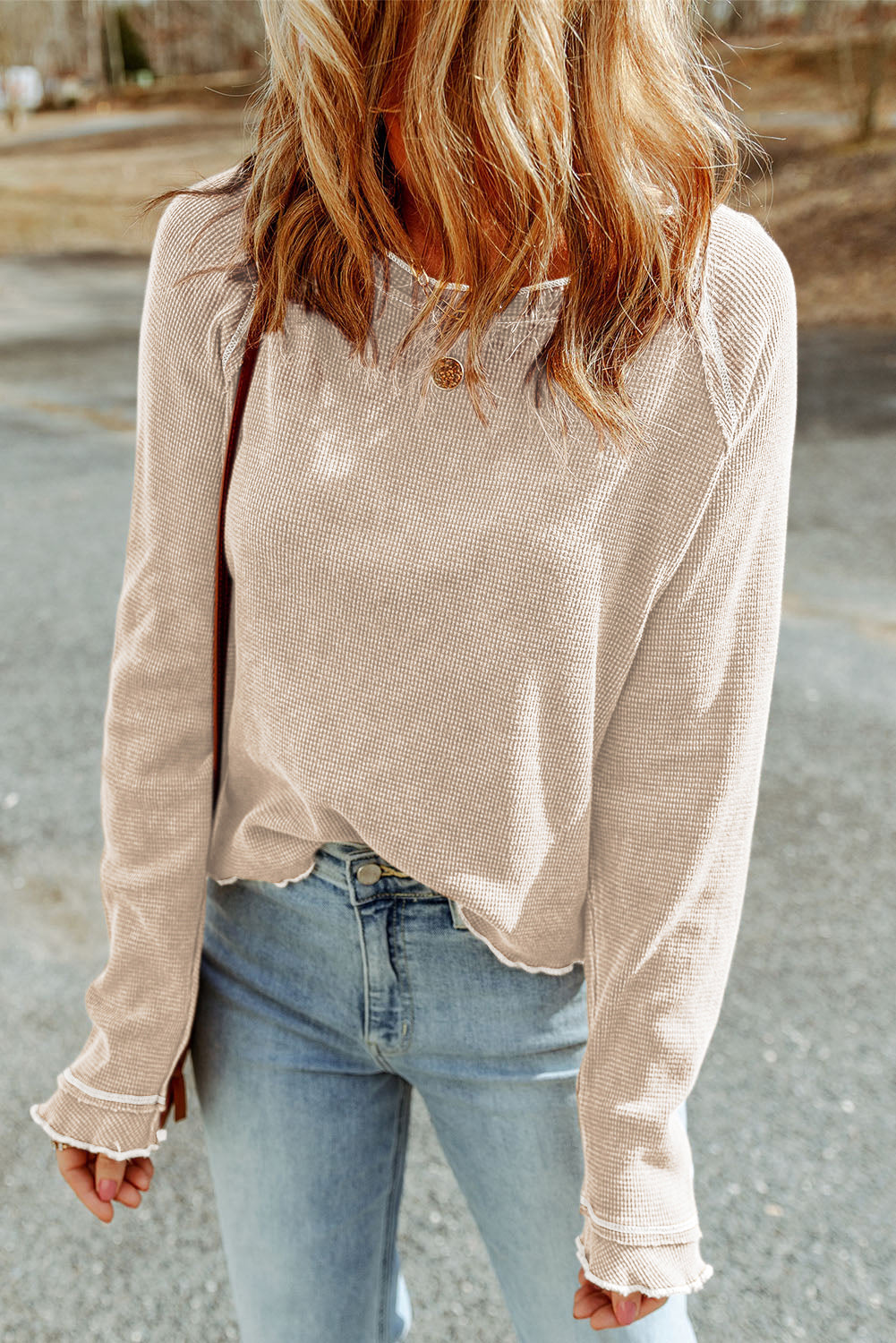 Long-Sleeved Textured Round-Neck Top in Apricot