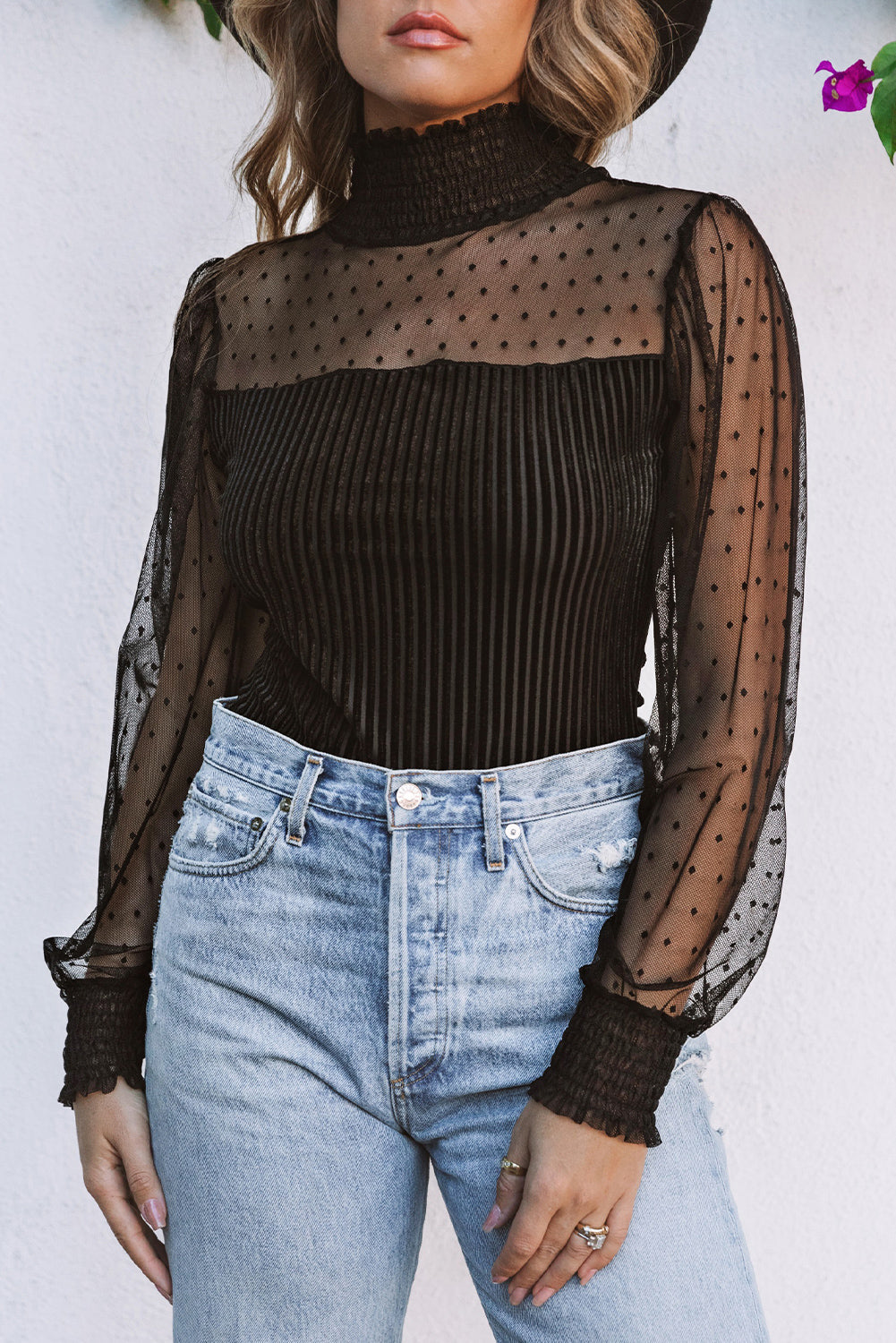 Women's Bodysuit with Velvet Semi-Sheer Dotty Rib-Knitted