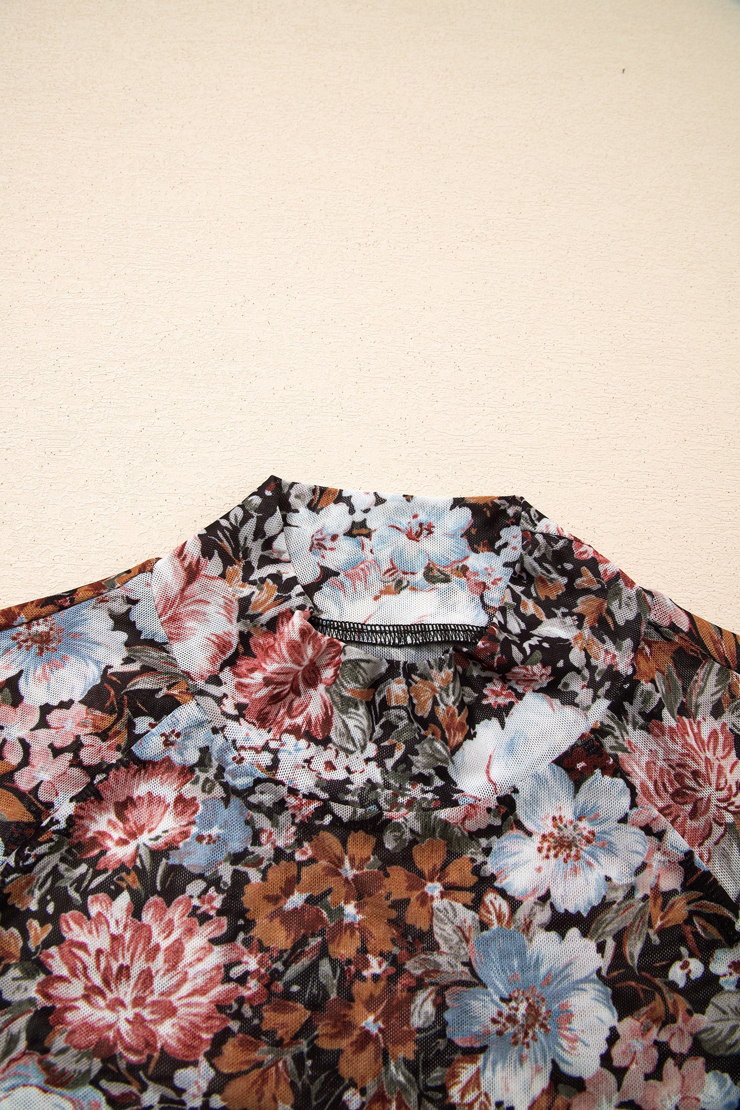 Neck Floral-Print High Short-Sleeved Mesh Top
