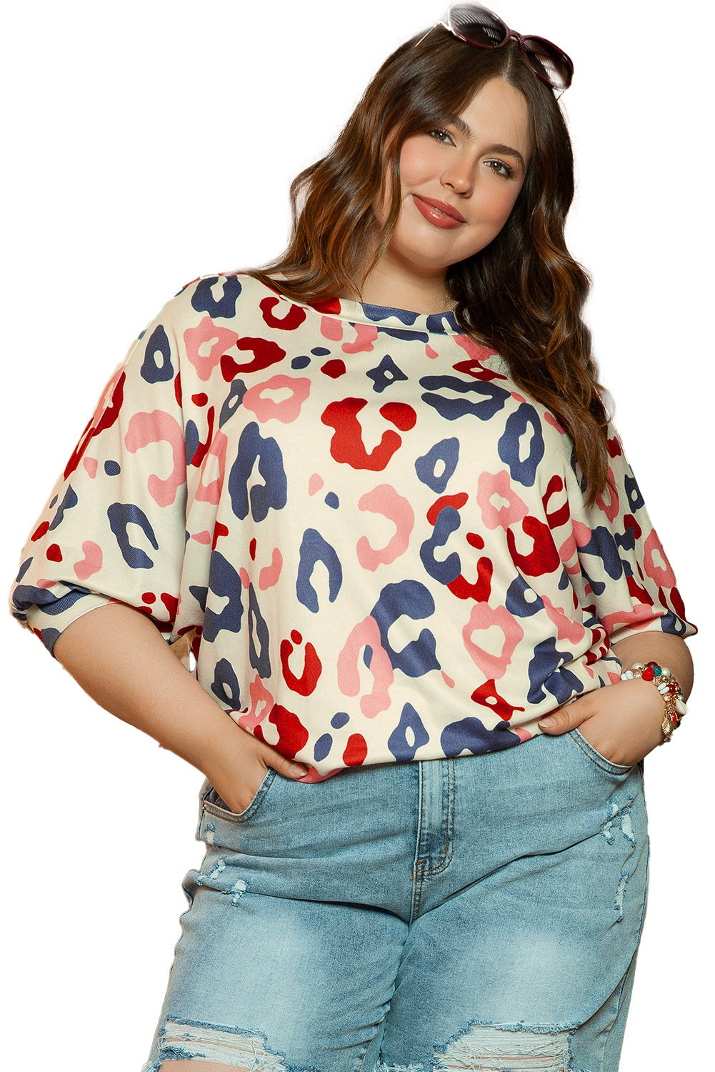 Blouse for Women Leopard-Print Batwing Sleeve Plus