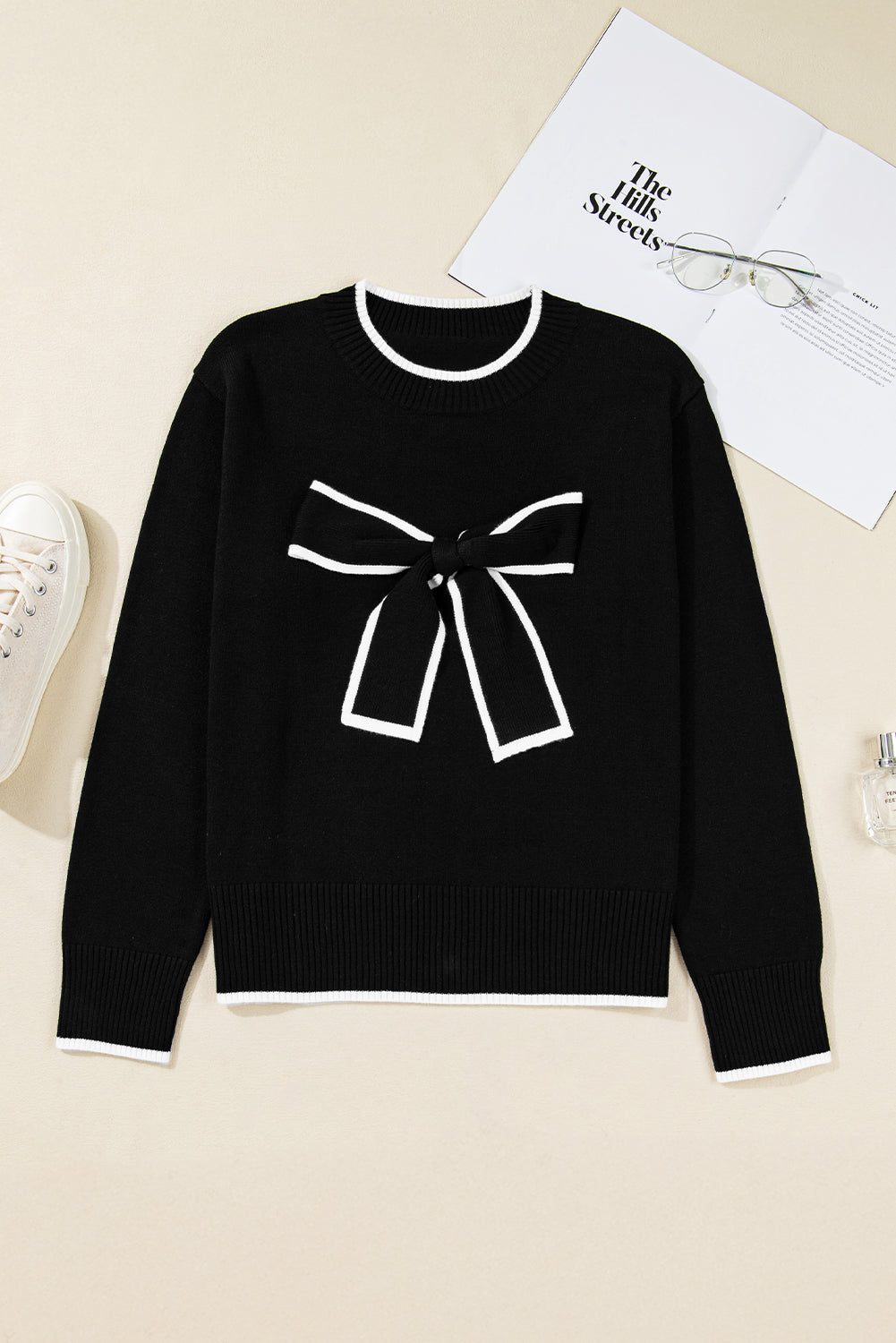 Trim Big Contrast Big Bow Accent Holiday Cropped Knit Top