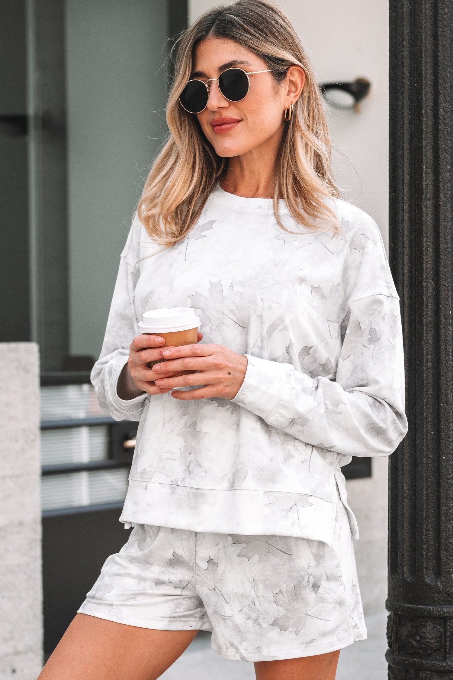 Print Maple Camo Pullover Top and Elastic Waist Everyday Short Set in Beige