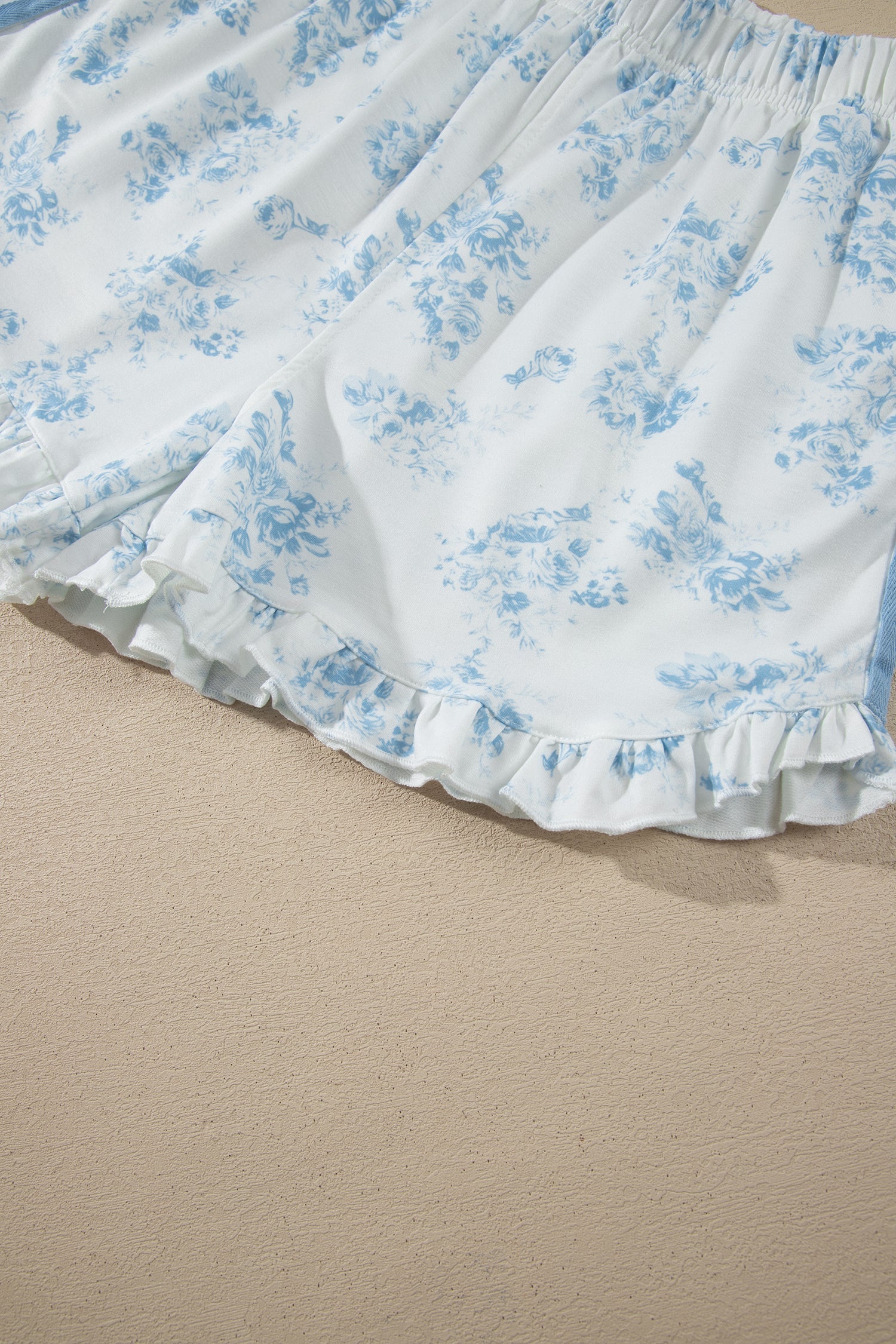 Long-Sleeved Top Floral-Print Top Ruffle Hem Shorts 2-Piece Outfit in Sky Blue