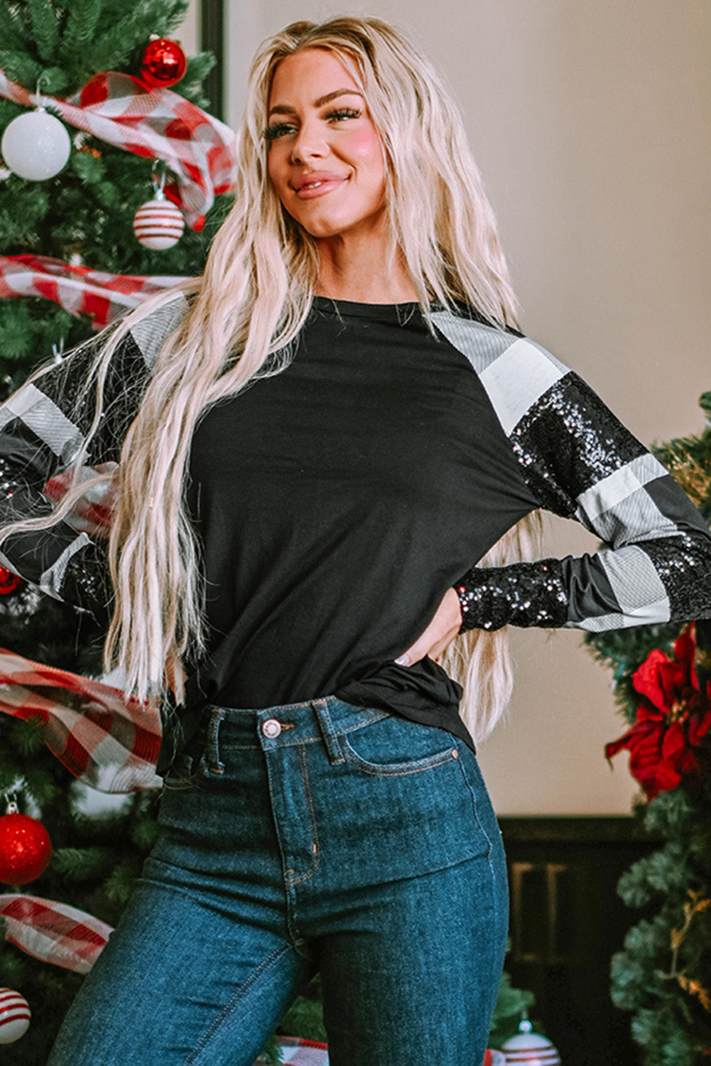 Top for Women Raglan-Sleeve Sequin Plaid