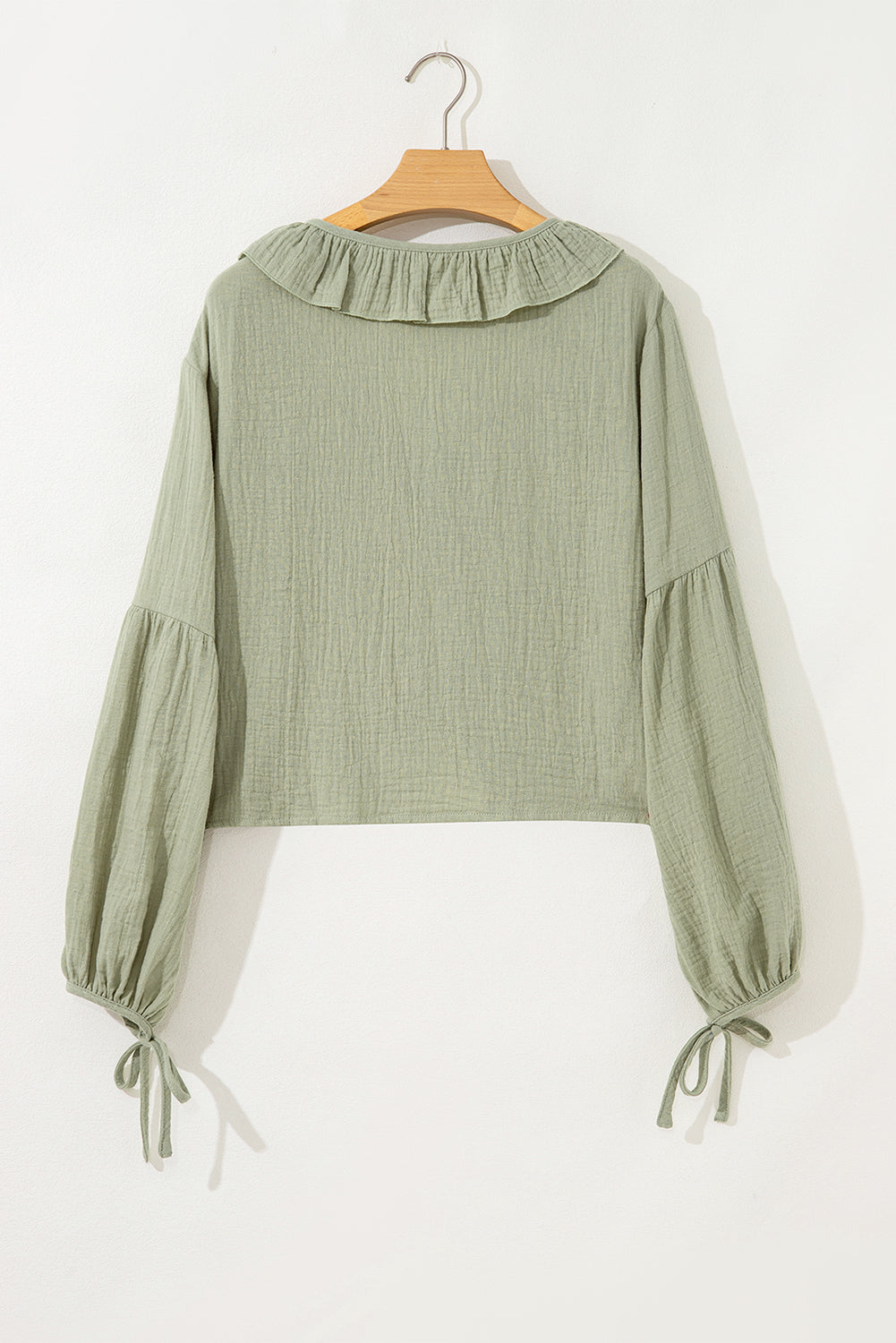 Bow Ruffle Tie Front Trim V-Neck Long-Sleeved Gauze Blouse