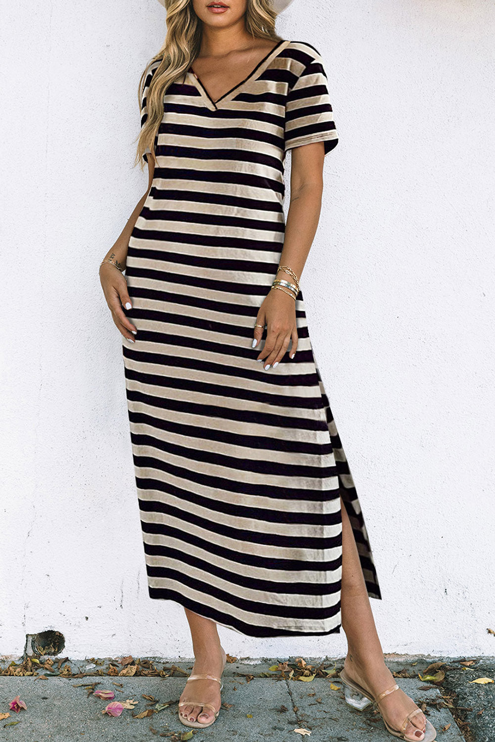 V-Neck Stripe Print Maxi Dress with Side Splits in Black