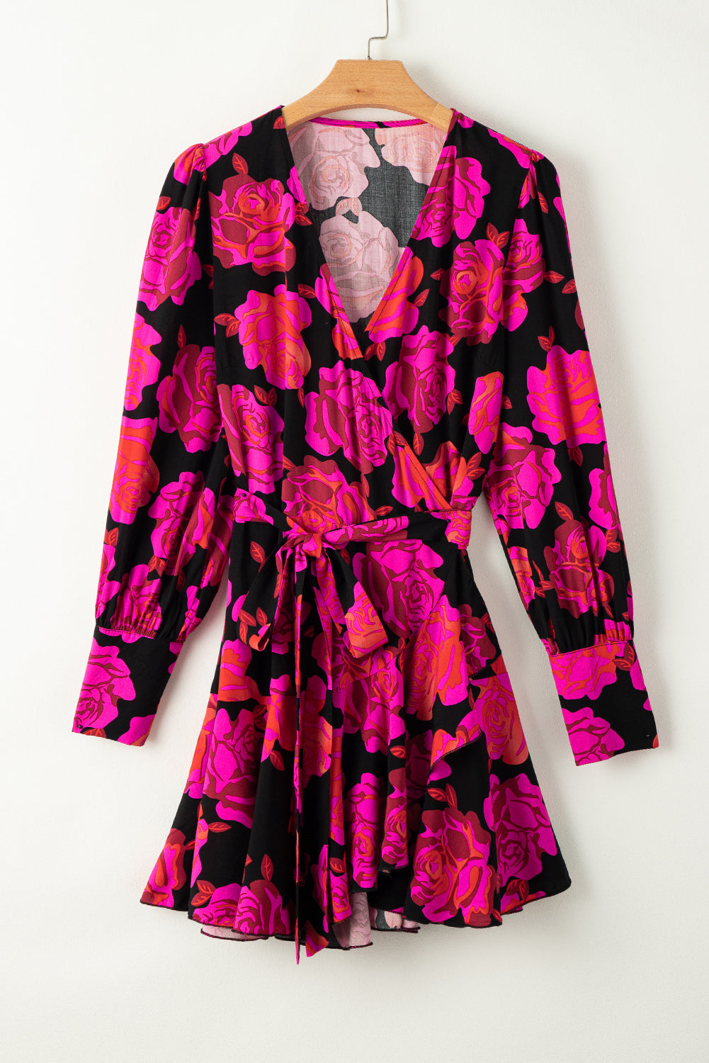 Dresses for Women Print V Neck Wrap Bishop Sleeve Ruffle-Trimmed Layered Mini Floral-Print