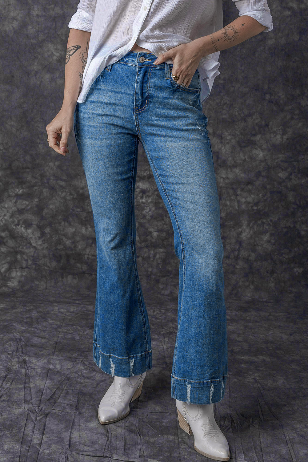 Women's Flare Jeans with Slight Distressed Wash