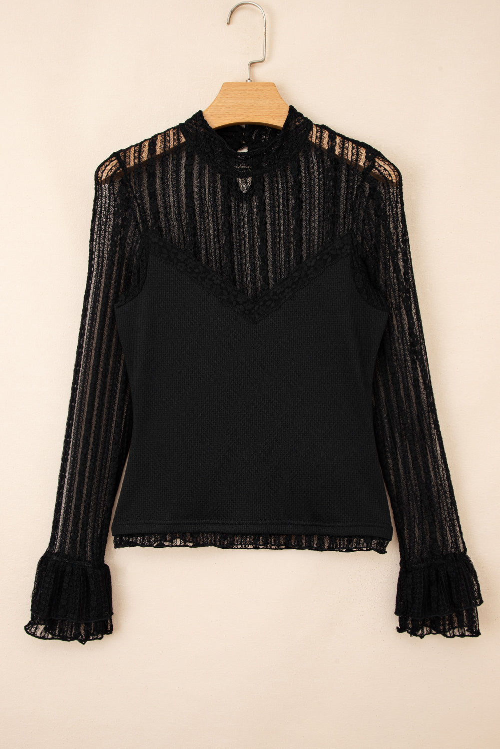 Flounce Lace Patchwork Sleeve Slim Fit Top in Black