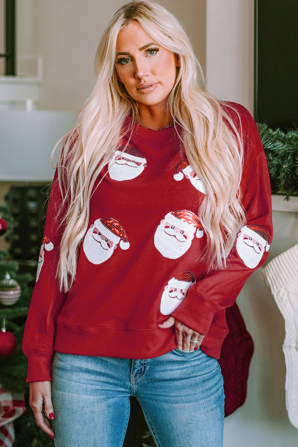 Women's Graphic Sweatshirt Featuring Santa Claus Fiery Red