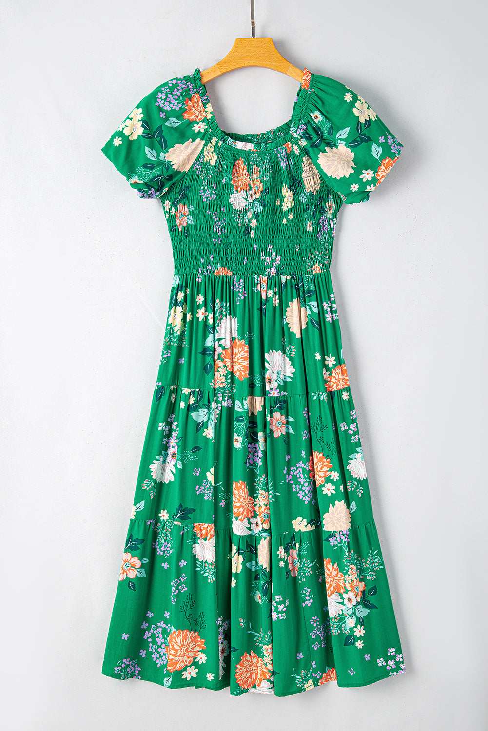 Women's Dresses Featuring Print Shirred Layered Midi Floral-Print