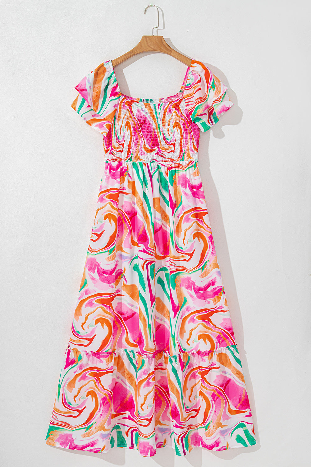 Pink Abstract Print Smocked Bust Maxi Dress