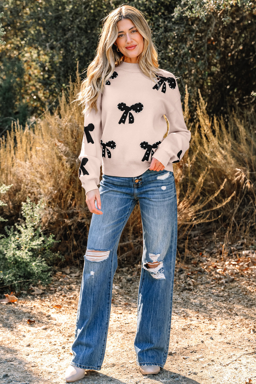 Pearl Embellished Bow Pattern Loose Knit Top