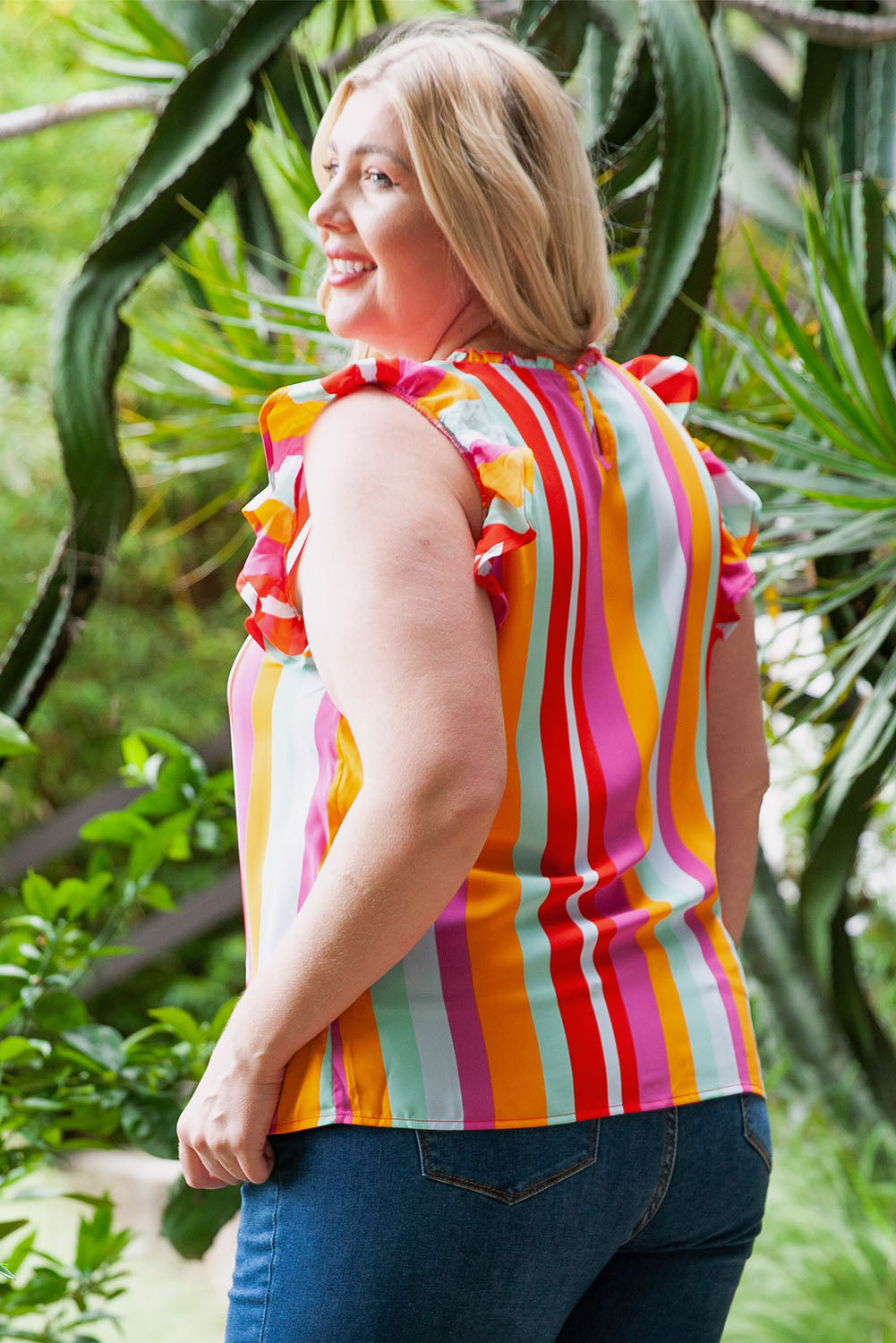 Women's Frill Neck Flutter Plus Size Stripe Print Blouse