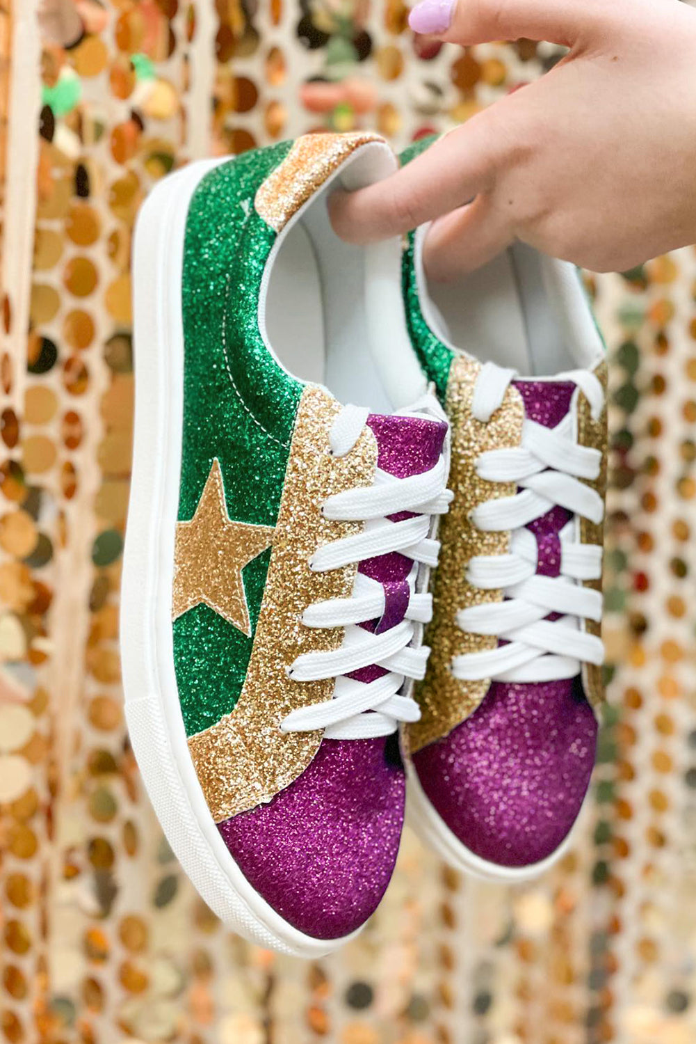 Mardi Color Gras Triple Sequin Lace up Flat Shoes