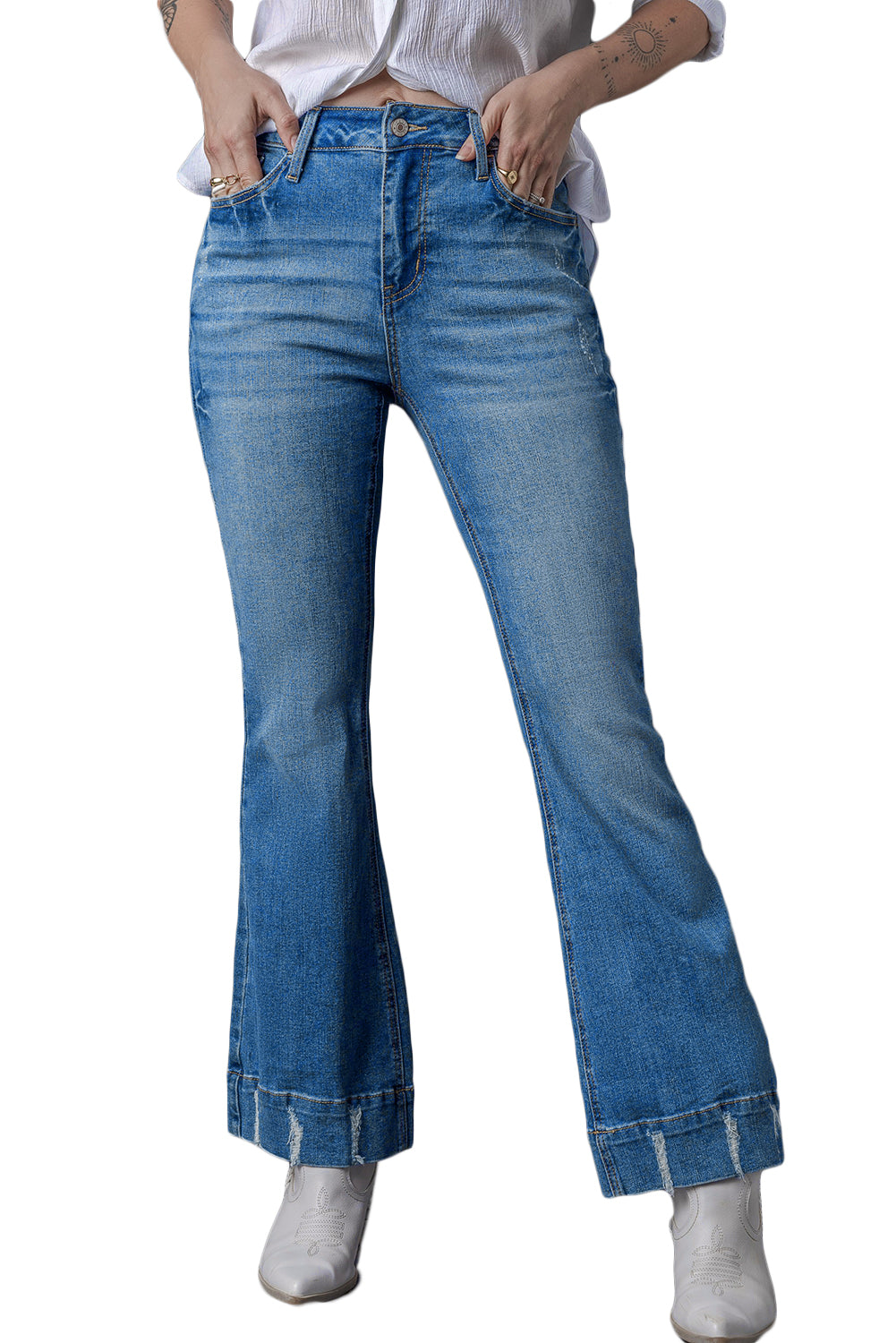 Women's Flare Jeans with Slight Distressed Wash