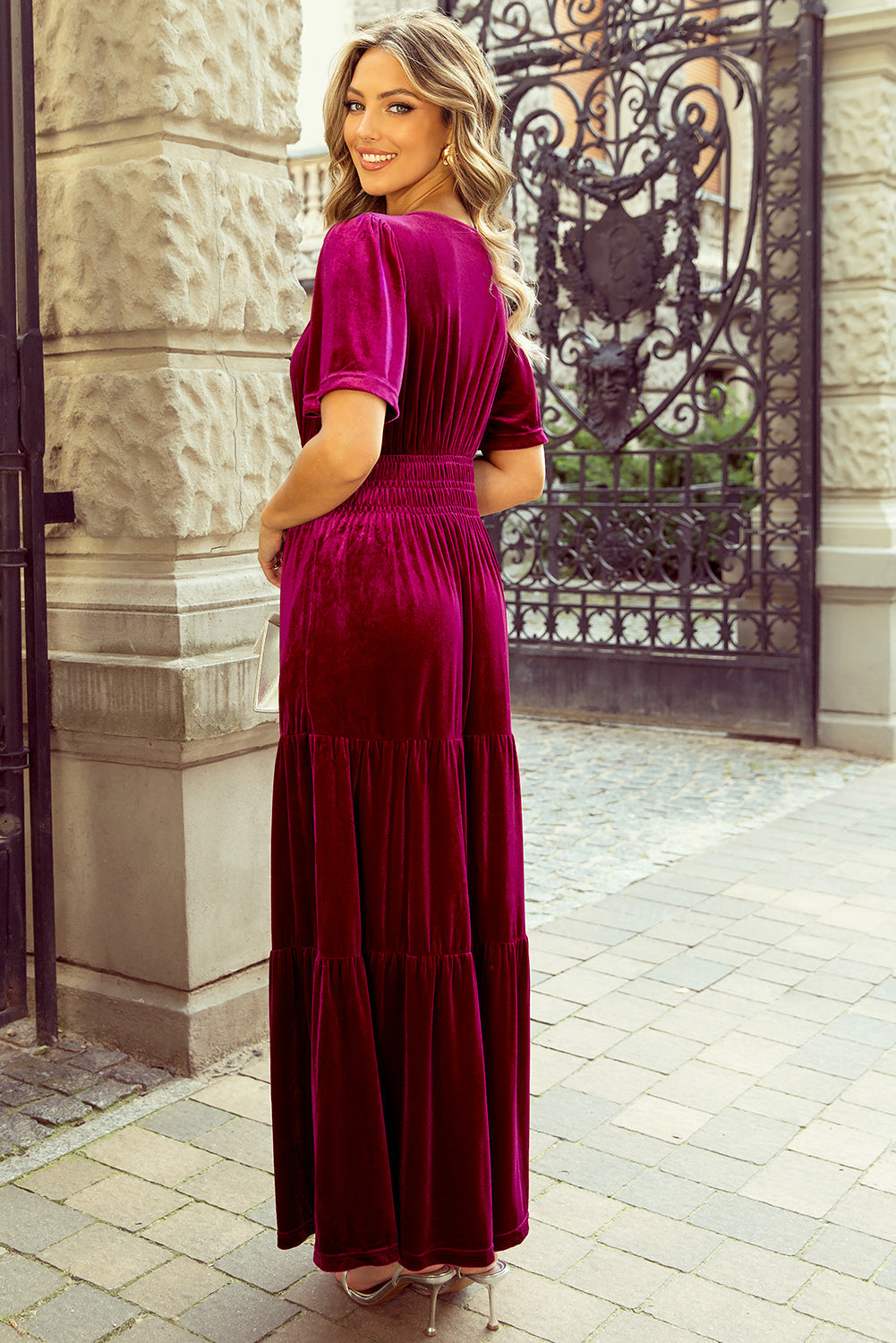 Women's Layered Velvet Shirred-Waist Maxi Dress