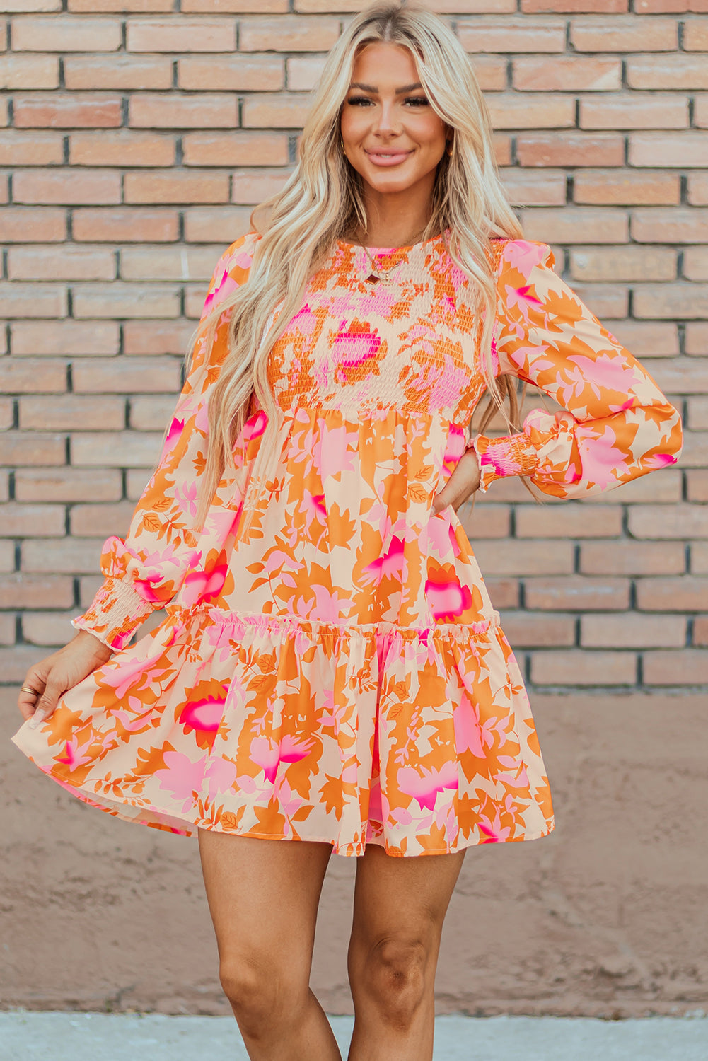 Women's Ruffle-Trimmed Shirred Lantern Sleeve Mini Dress