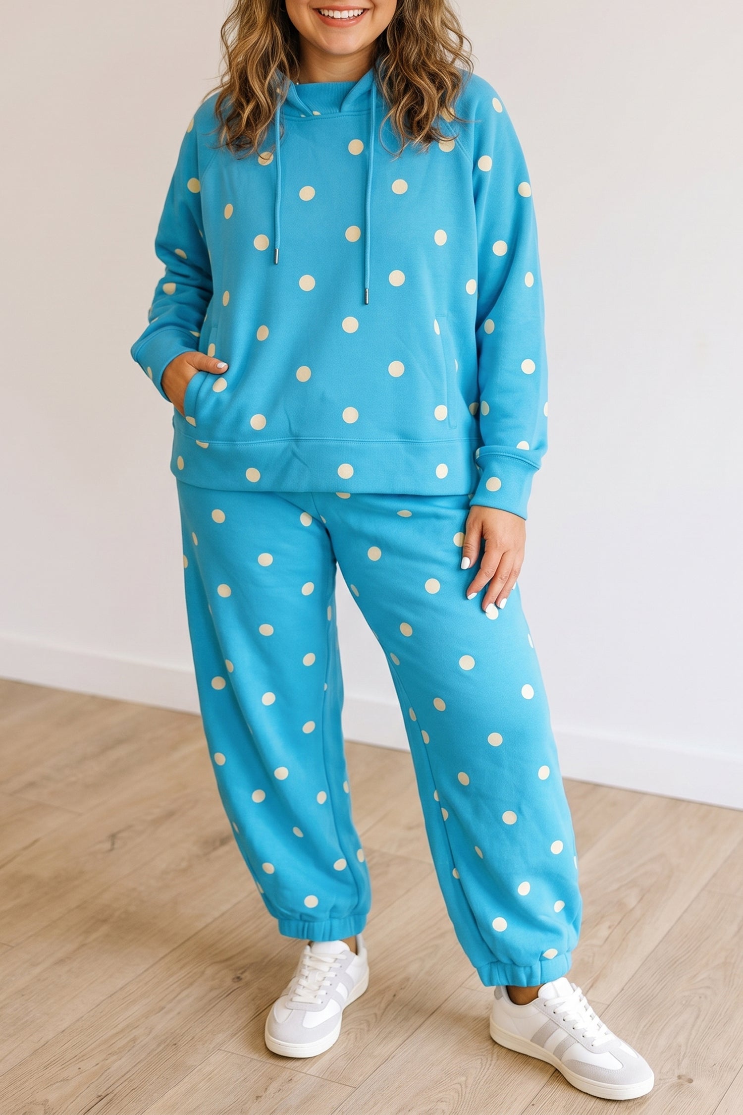 Drawcord Polka-Dot Hooded Long-Sleeved Plus Size Set in Blue