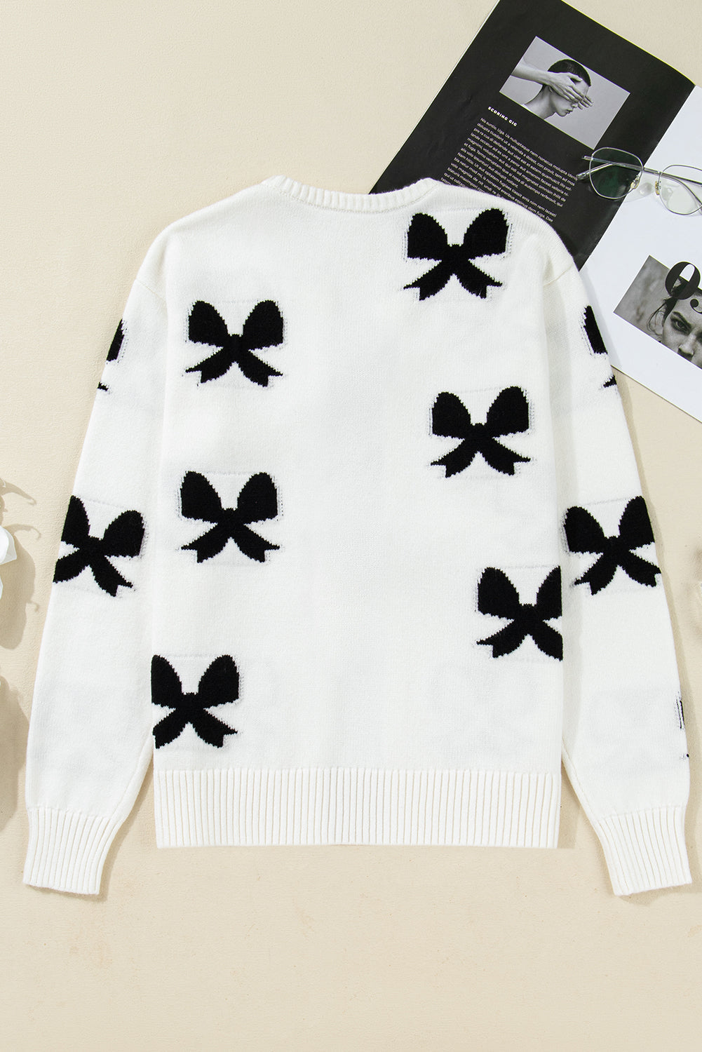 Bow Pattern Lace-up Pattern Cardigan Knit Top in White