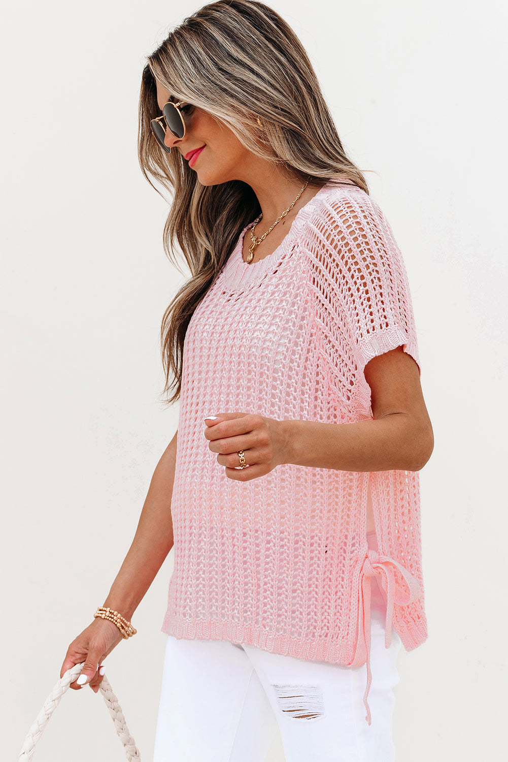 Crochet Side Hollow-out Side Tied Short-Sleeved Knit Top