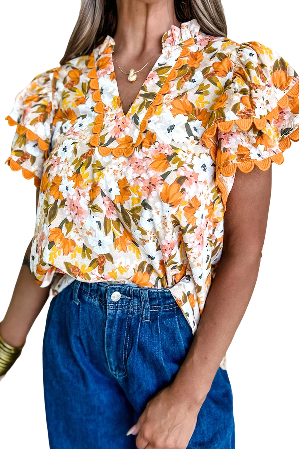V-Neck Scalloped Ruffled Scalloped Short-Sleeved Floral Blouse