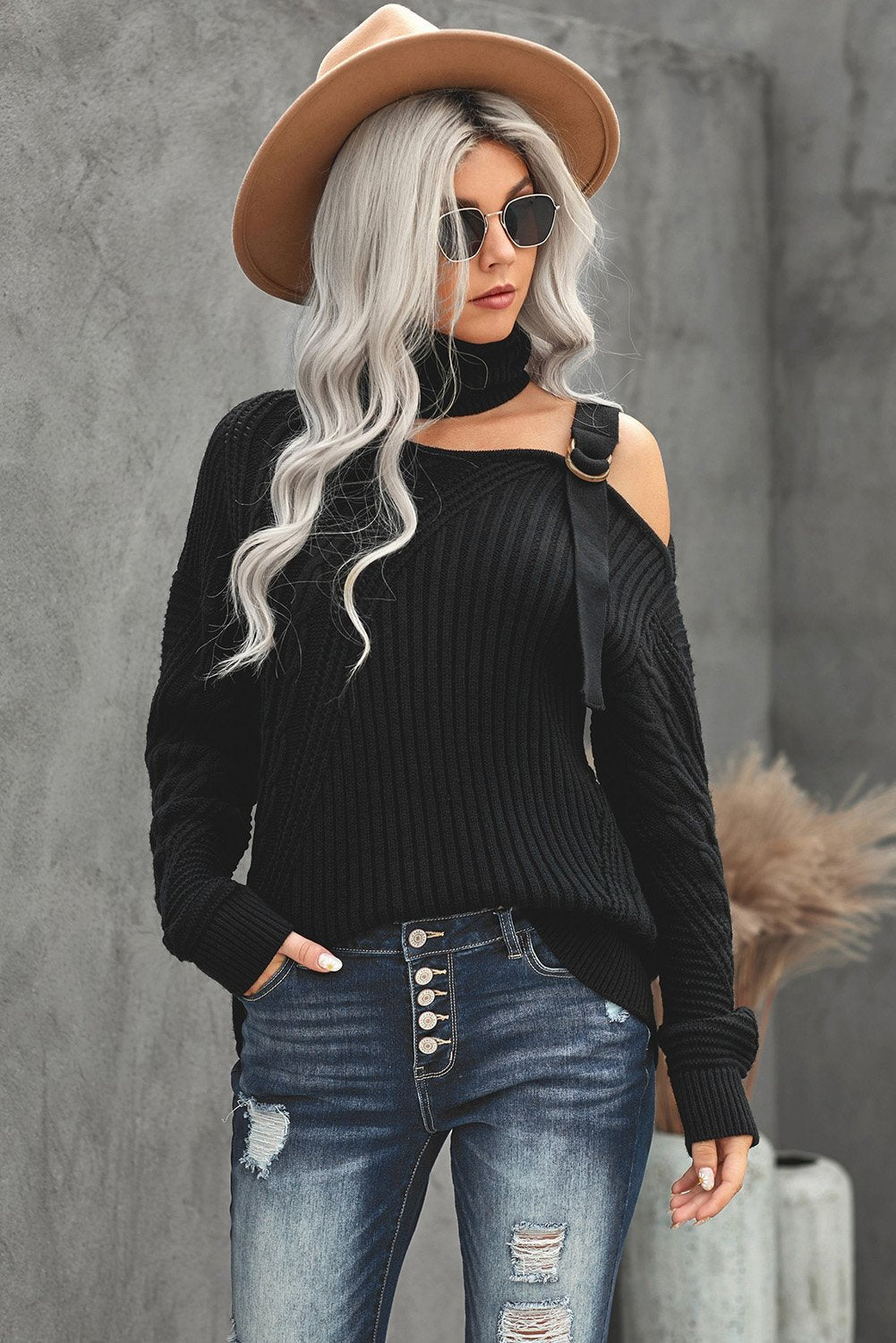 Women's Turtleneck Sweater with Winter Black Strapped Cut out Shoulder