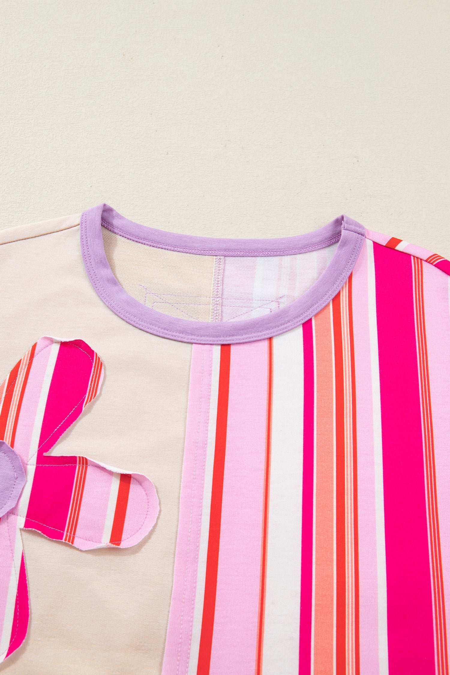 Striped Colorblock Flower Patched Half Sleeve Loose Top