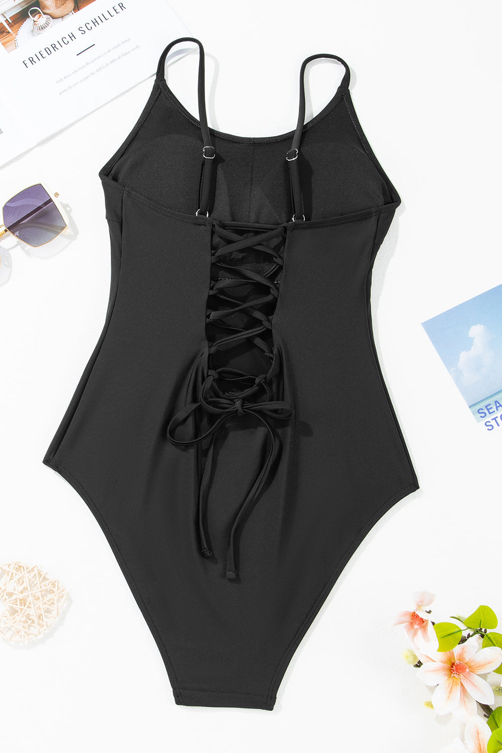Thin Strap Strappy Lace-up Open Back One Piece Swimsuit