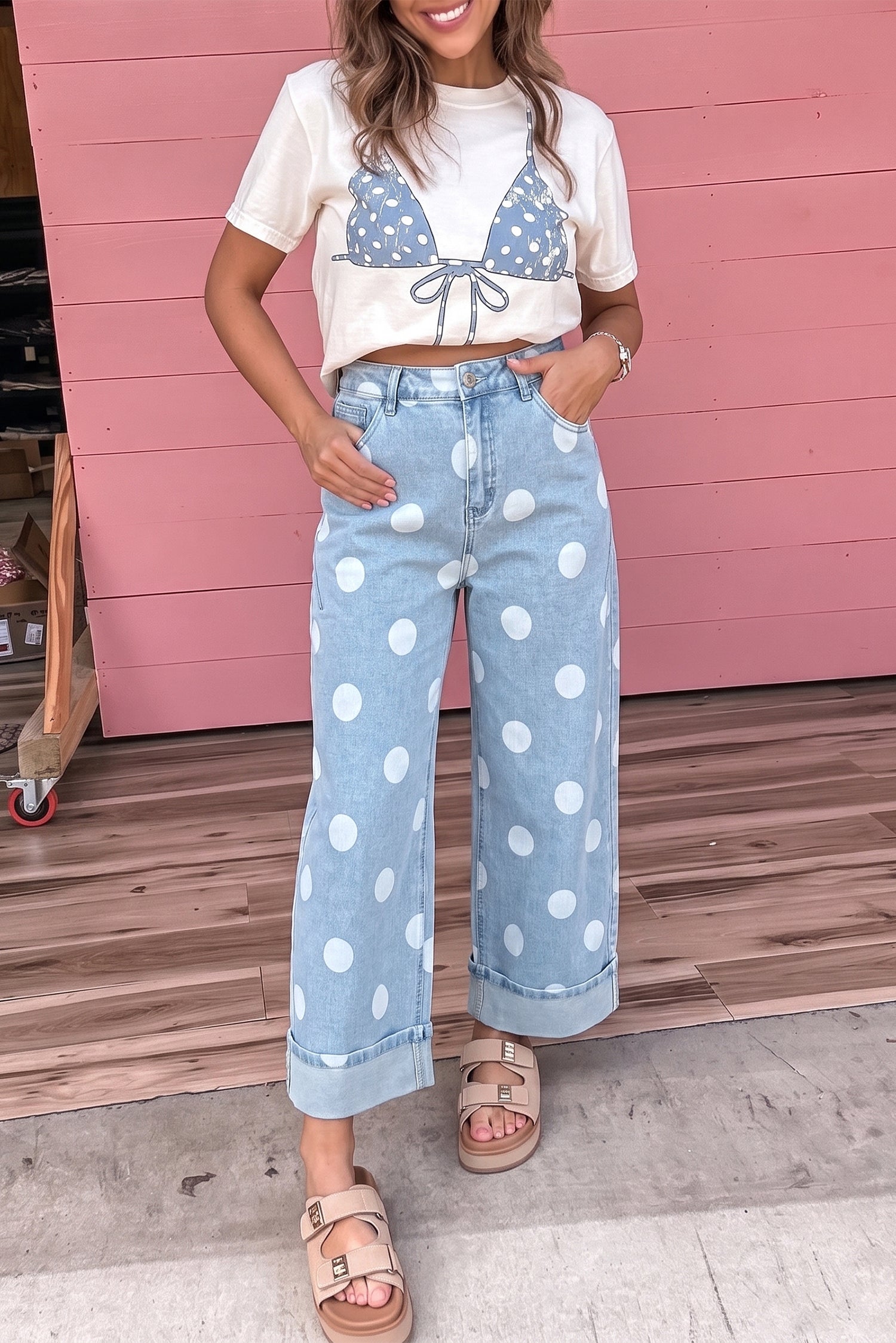 Ankle-Length Metal Polka-Dot Metal Button Everyday Jeans in Sky Blue