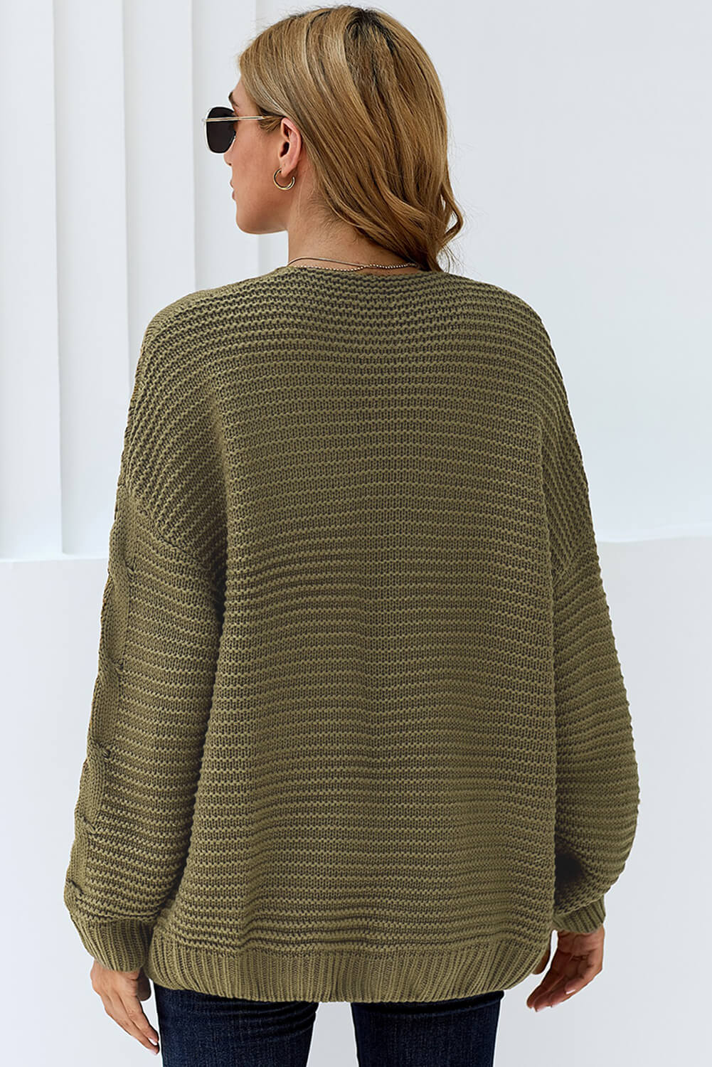Women's Fashion Olive Chunky Wide Long-Sleeve Knit Cardigan