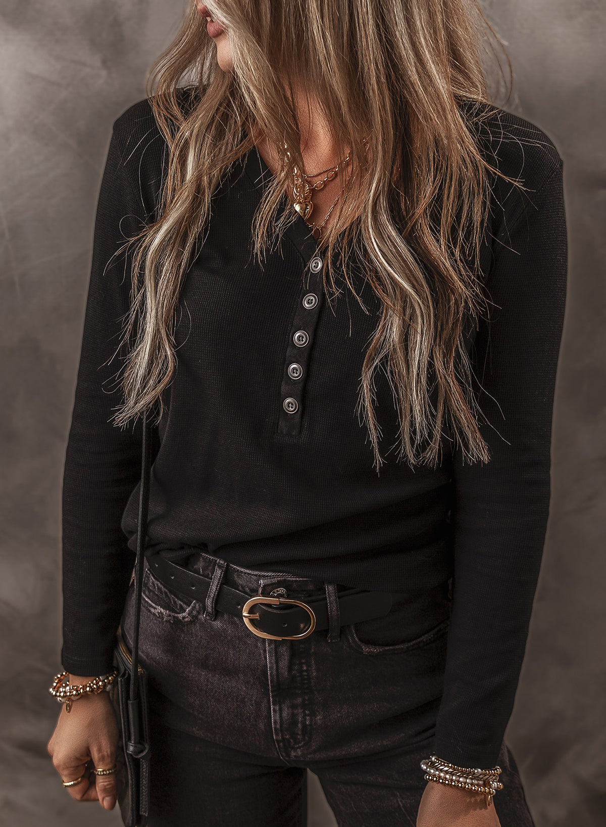 Women's Top Featuring Long-Sleeve Rib-Knitted Button-Front